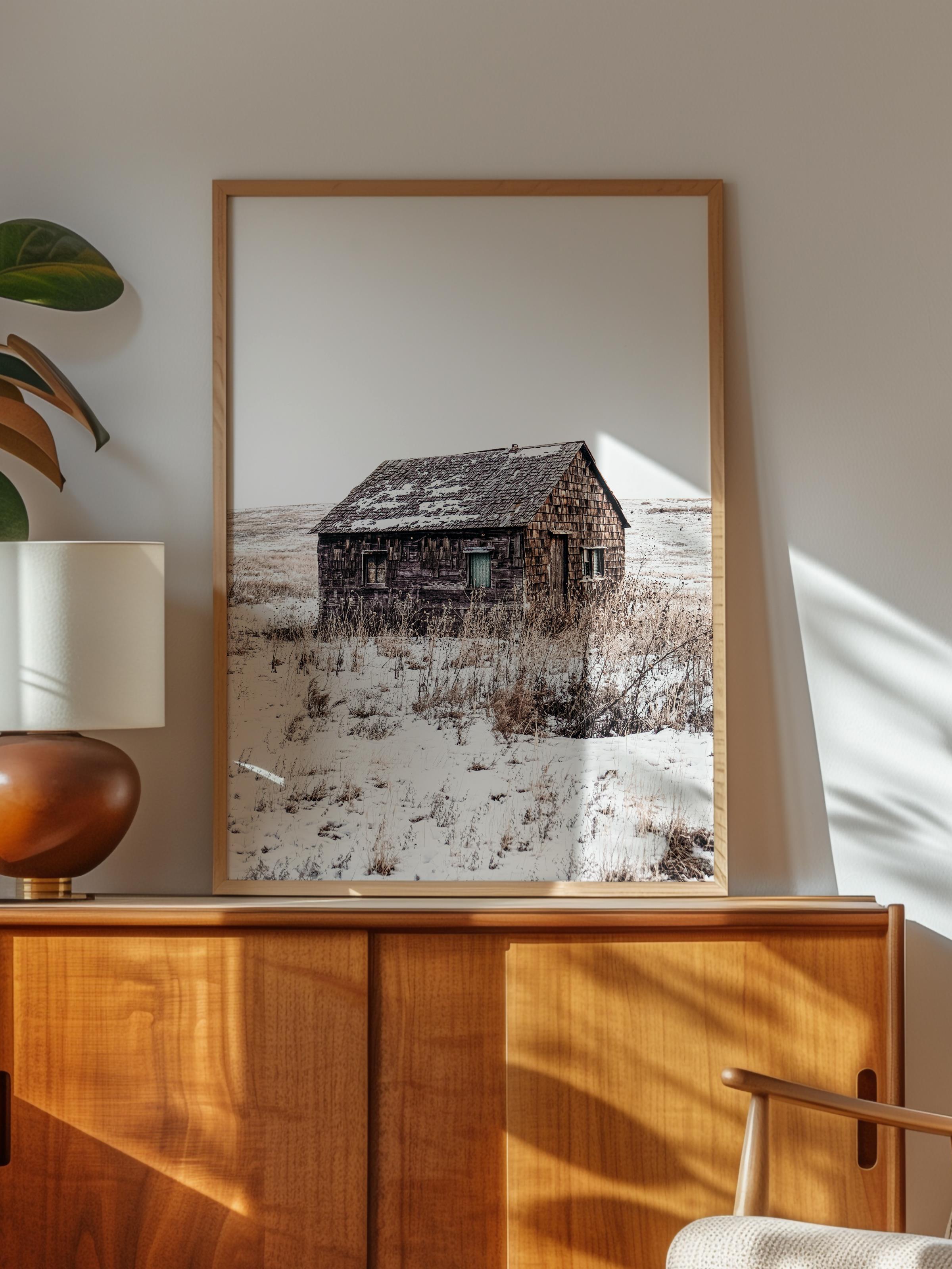 Rustic Çerçevesiz Poster, İskandinav Beyaz Poster, NO:269 Ahşap Ev ve Kar Fotoğraf, Dikey