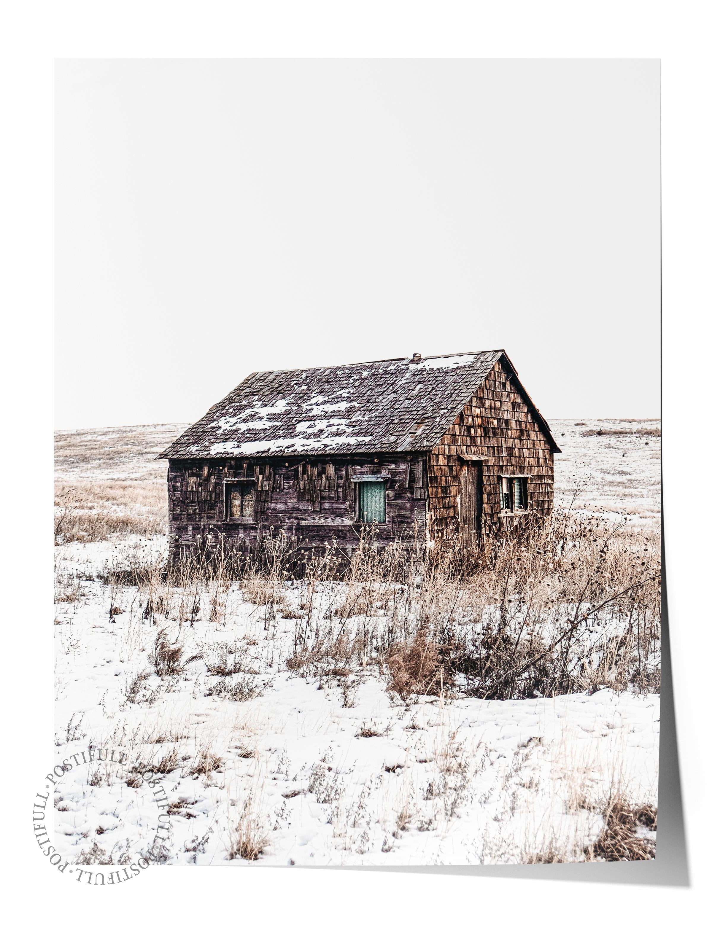 Rustic Çerçevesiz Poster, İskandinav Beyaz Poster, NO:269 Ahşap Ev ve Kar Fotoğraf, Dikey