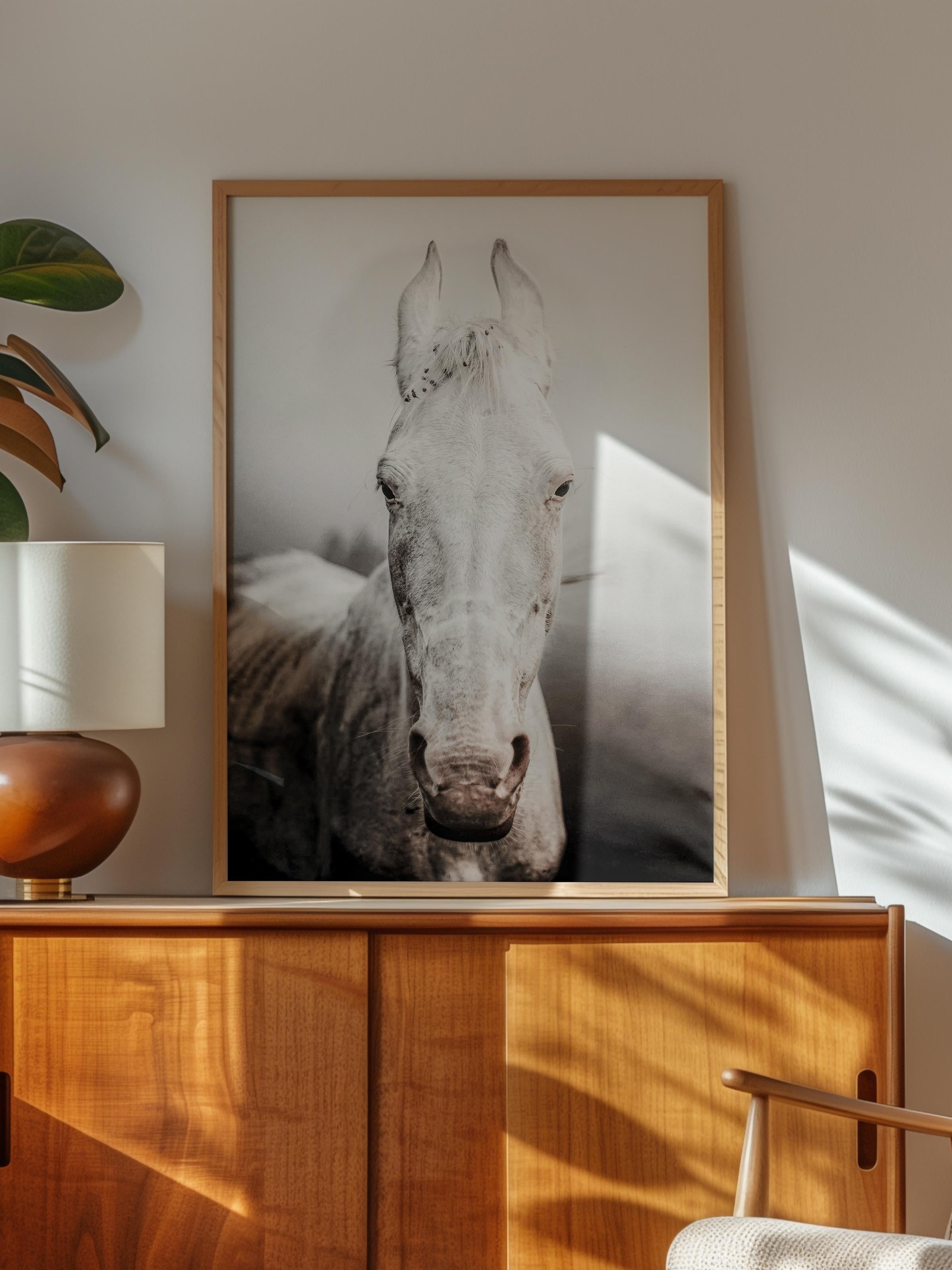 Rustic Çerçevesiz Poster, İskandinav Beyaz Poster, NO:299 At Fotoğraf, Dikey