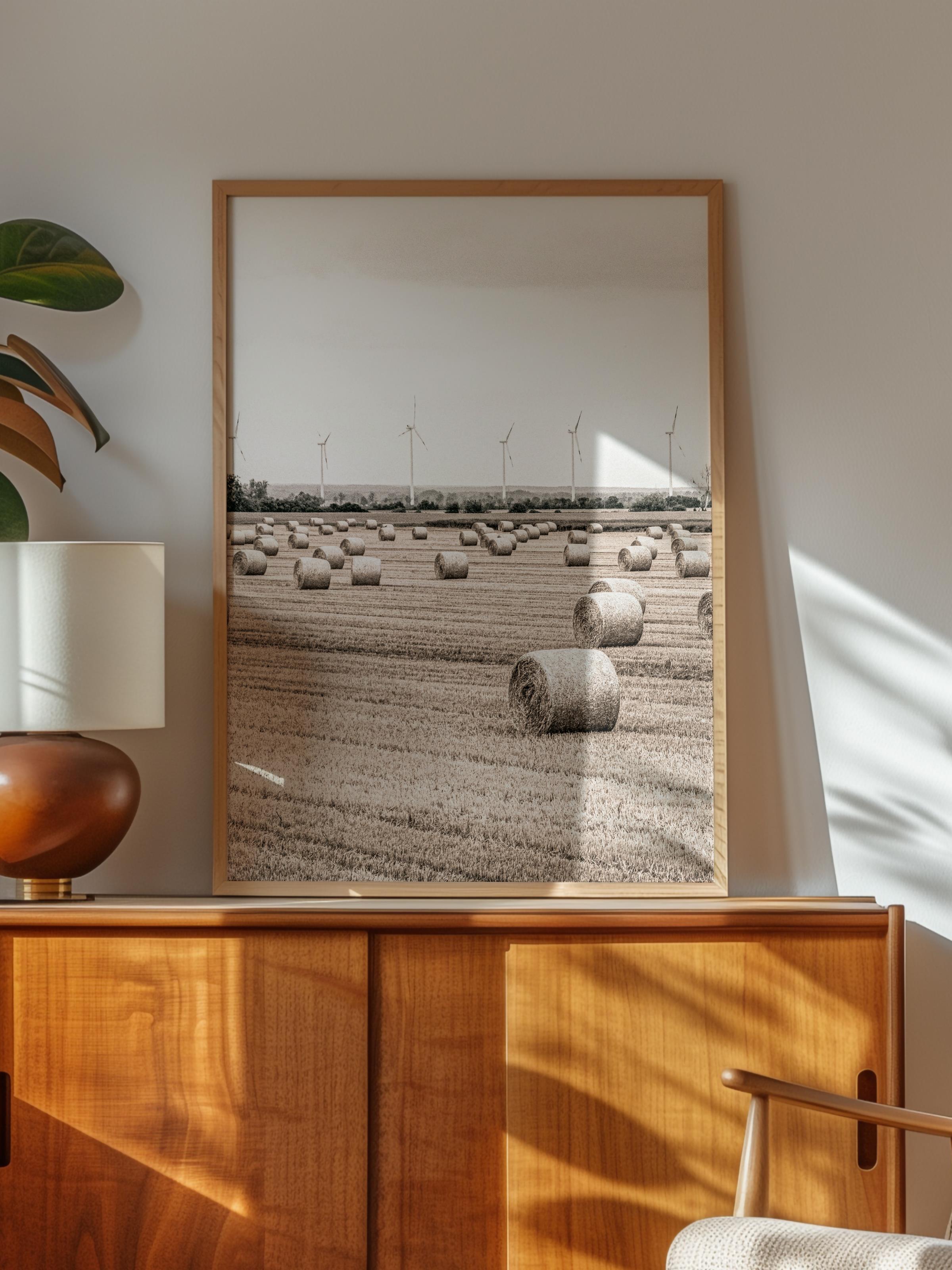 Rustic Çerçevesiz Poster, İskandinav Beyaz Poster, NO:315 Tarlalar ve Rüzgar Türbinleri Fotoğraf, Dikey