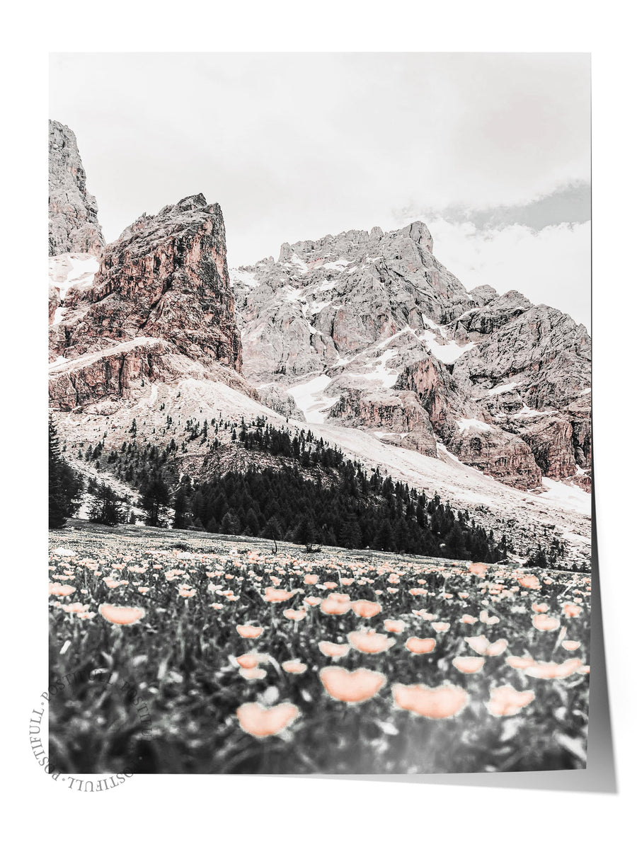 Dağ Manzarası ve Çiçekler Rustic Çerçevesiz Poster