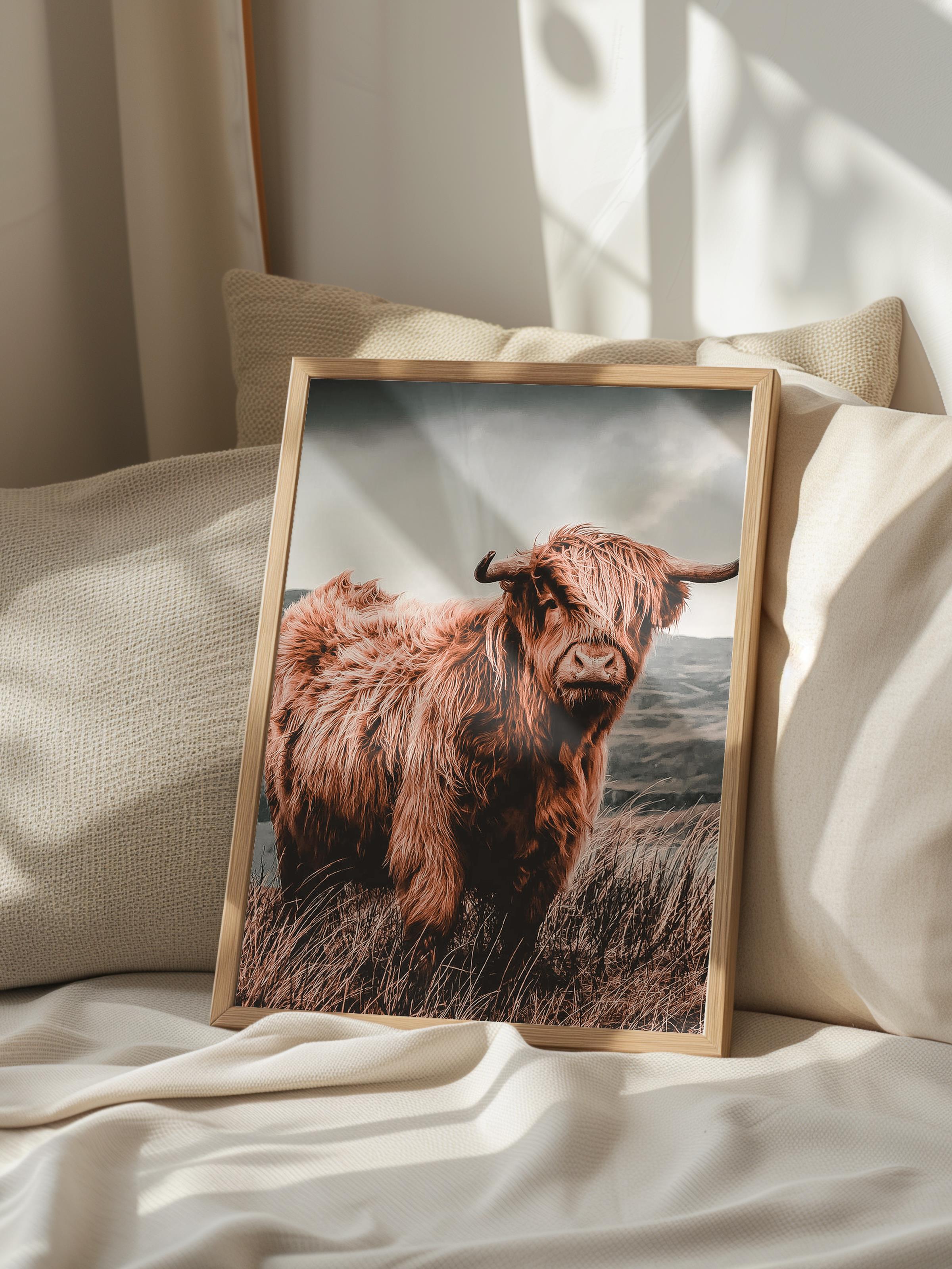 Rustic Çerçevesiz Poster, İskandinav Kahverengi Poster, NO:101 Highland Sığırı Fotoğraf, Dikey