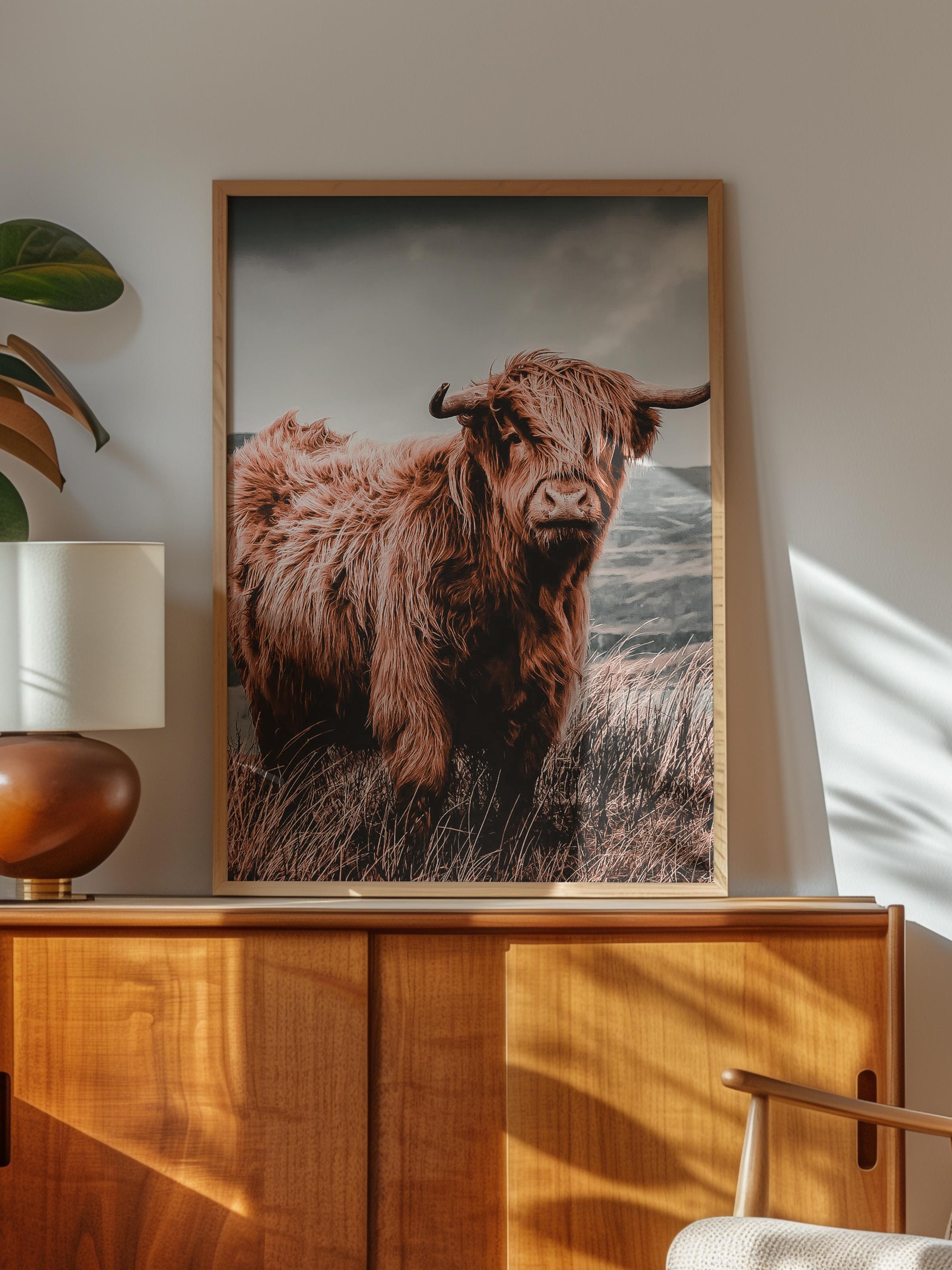 Rustic Çerçevesiz Poster, İskandinav Kahverengi Poster, NO:101 Highland Sığırı Fotoğraf, Dikey
