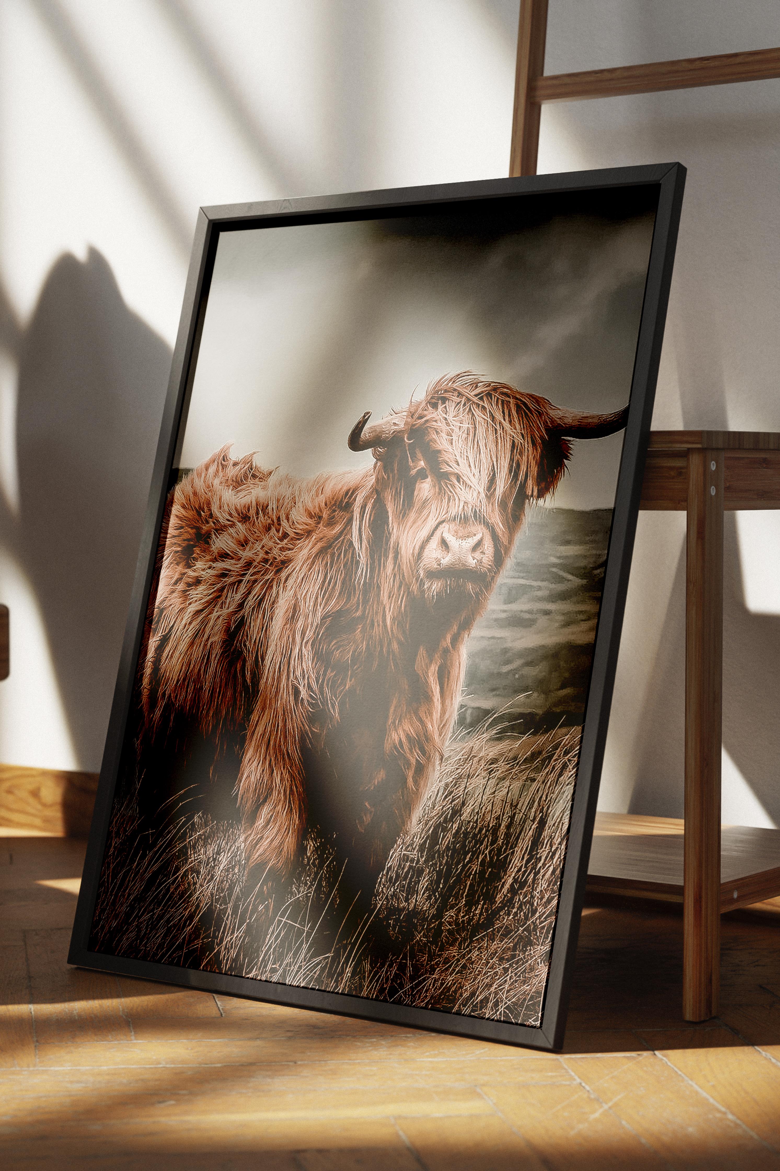 Rustic Çerçevesiz Poster, İskandinav Kahverengi Poster, NO:101 Highland Sığırı Fotoğraf, Dikey