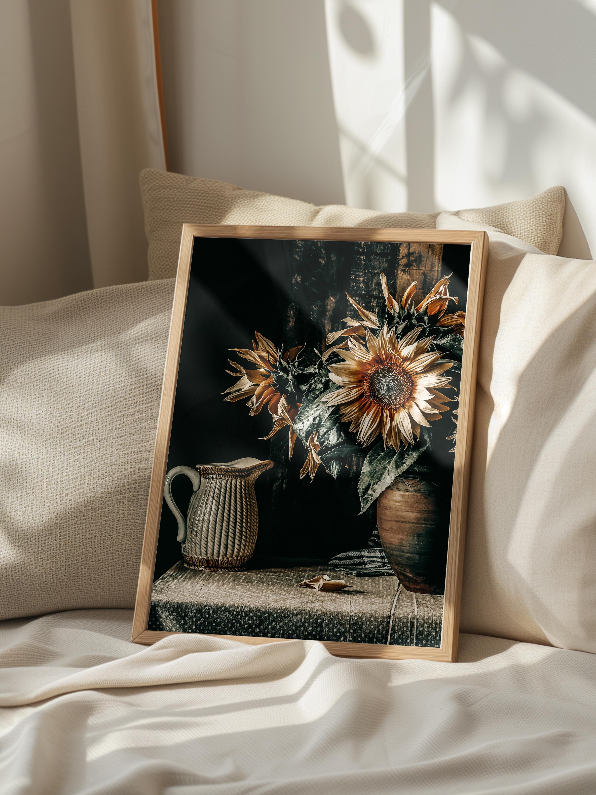 Rustic Çerçevesiz Poster, İskandinav Kahverengi Poster, NO:106 Ayçiçekleri ve Vazolar Fotoğraf, Dikey