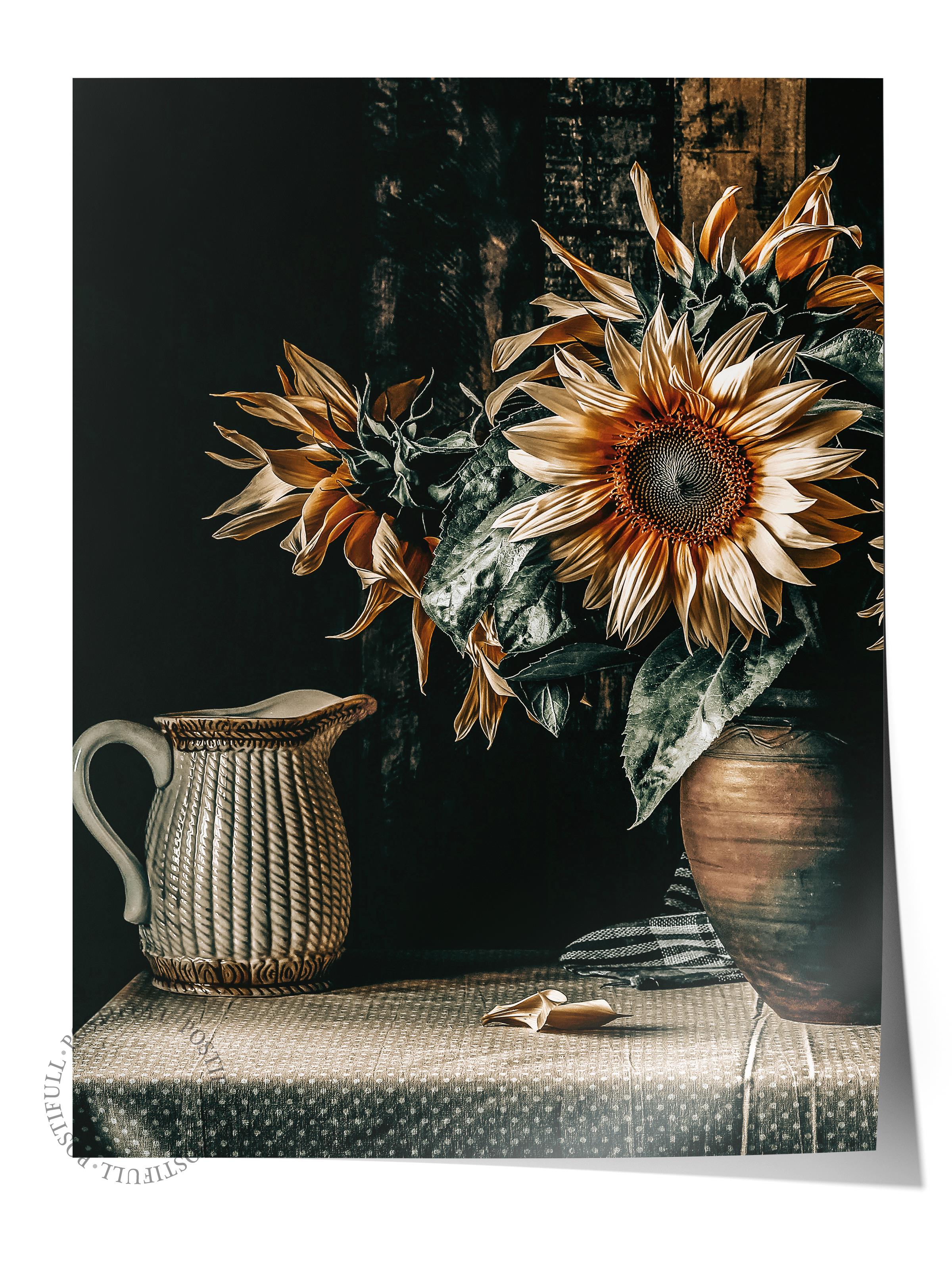 Rustic Çerçevesiz Poster, İskandinav Kahverengi Poster, NO:106 Ayçiçekleri ve Vazolar Fotoğraf, Dikey