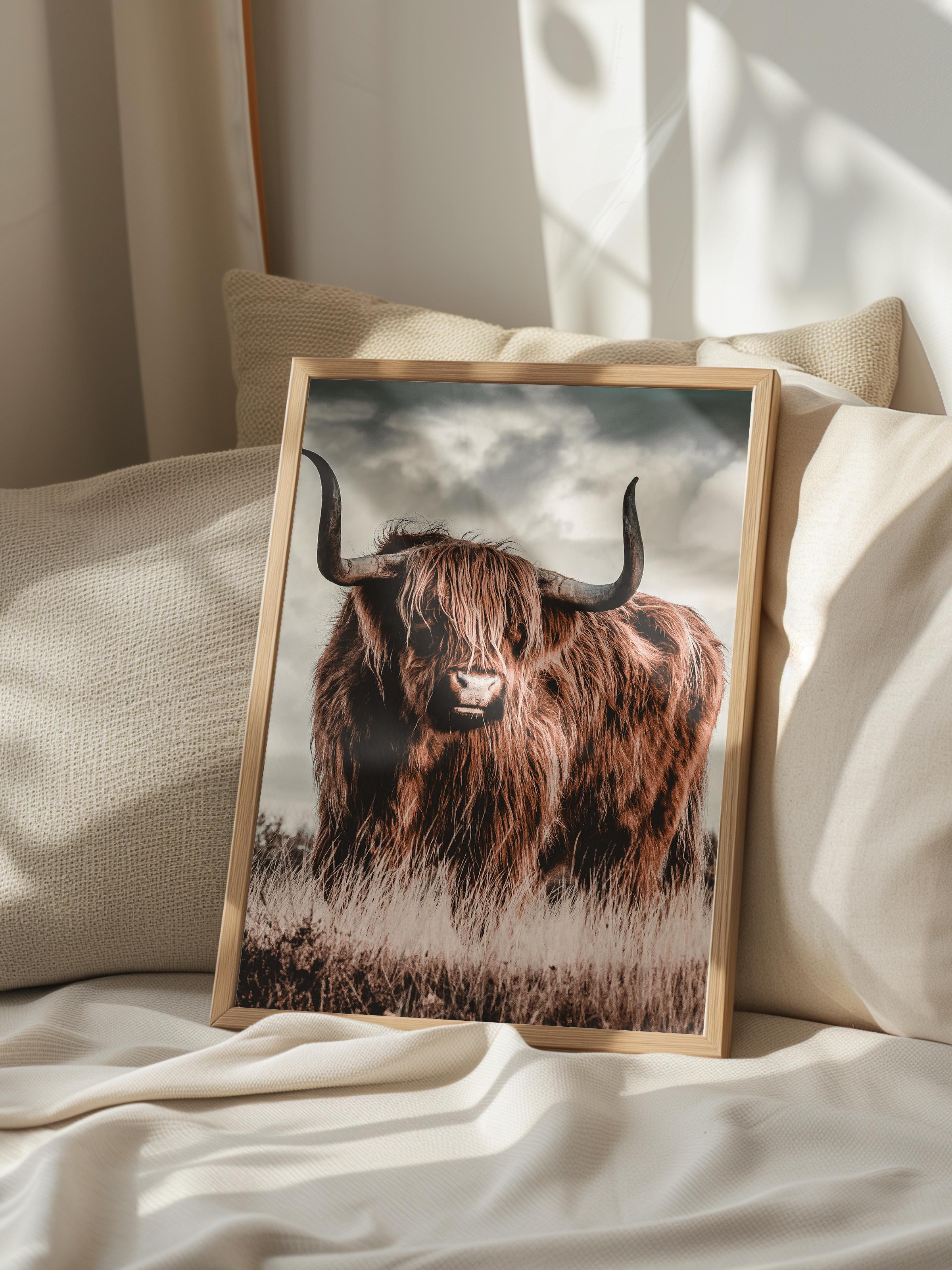 Rustic Çerçevesiz Poster, İskandinav Kahverengi Poster, NO:108 Highland Sığırı Fotoğraf, Dikey