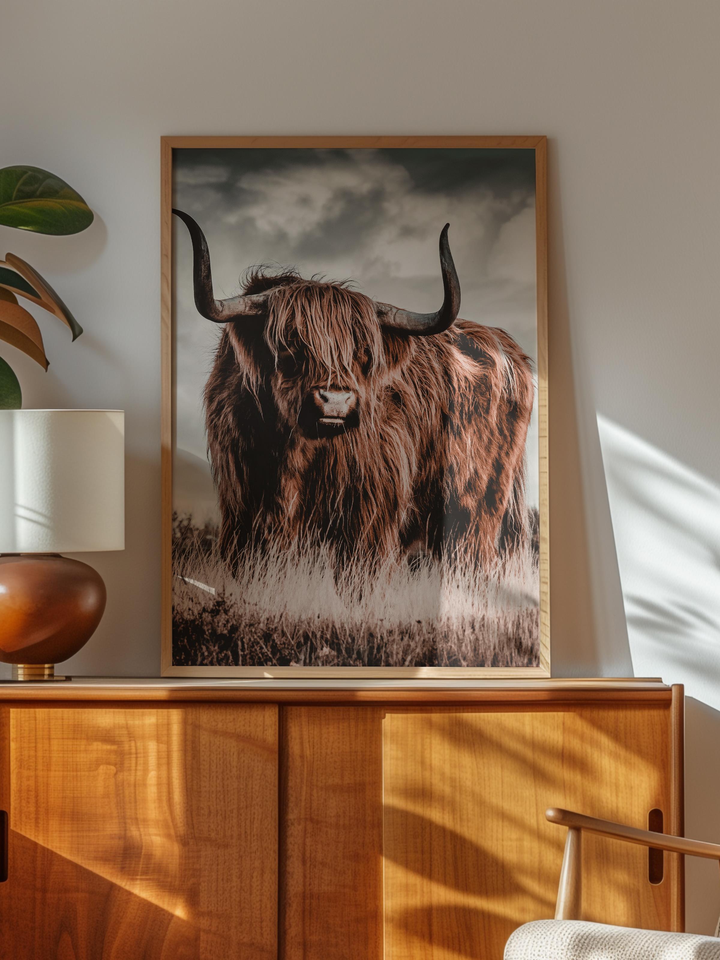 Rustic Çerçevesiz Poster, İskandinav Kahverengi Poster, NO:108 Highland Sığırı Fotoğraf, Dikey