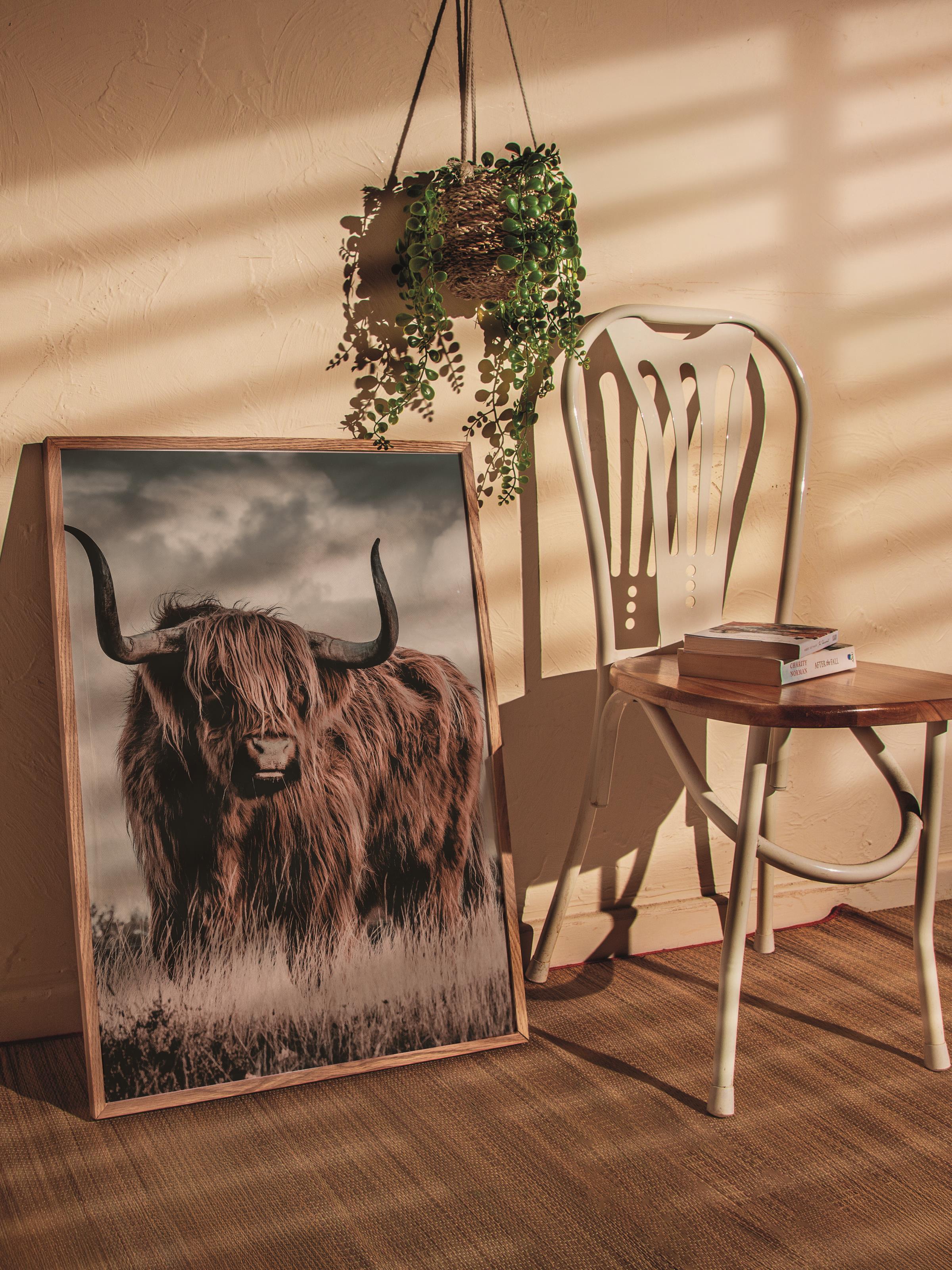Rustic Çerçevesiz Poster, İskandinav Kahverengi Poster, NO:108 Highland Sığırı Fotoğraf, Dikey