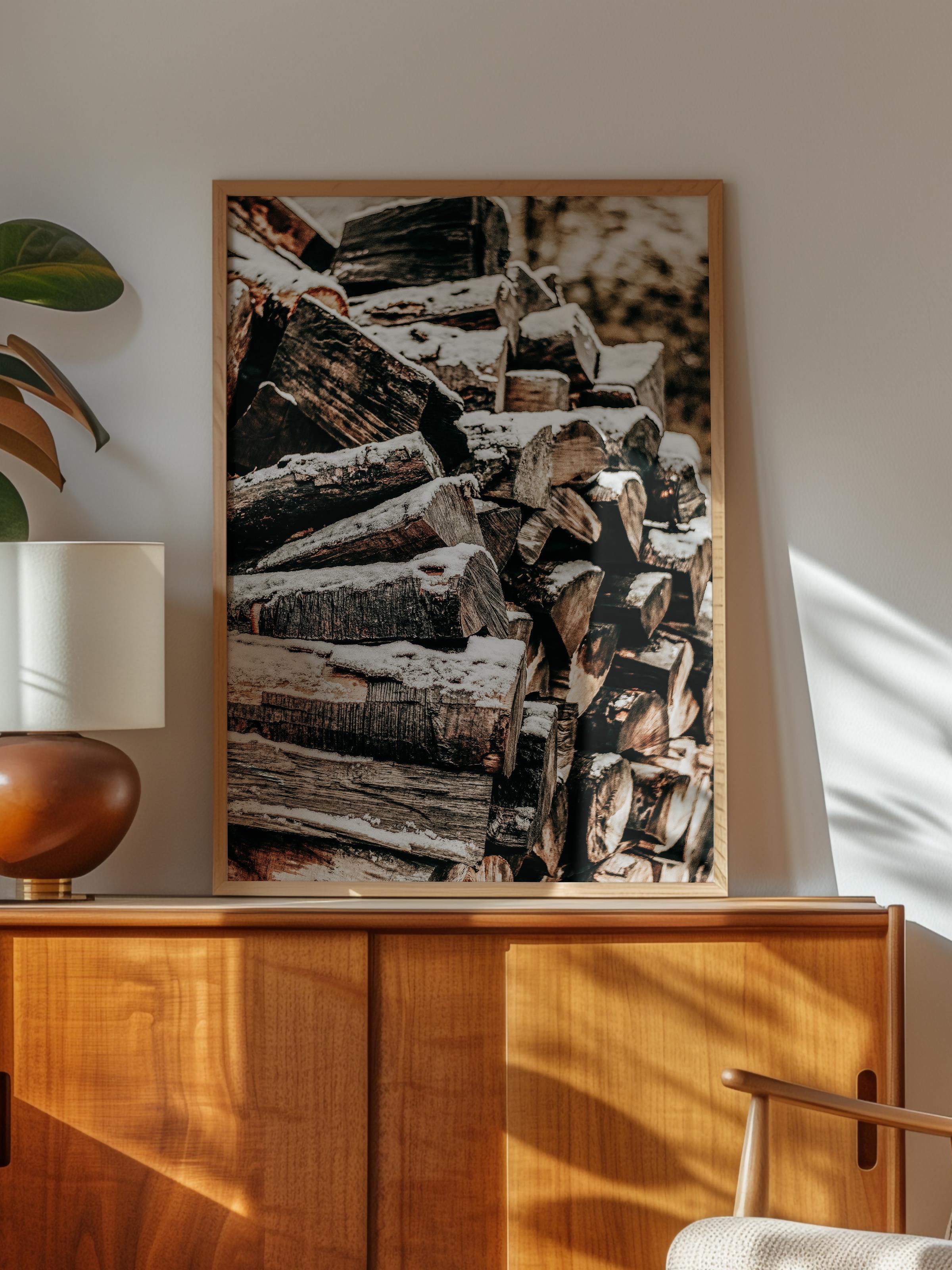 Rustic Çerçevesiz Poster, İskandinav Kahverengi Poster, NO:109 Odun Yığını Fotoğraf, Dikey