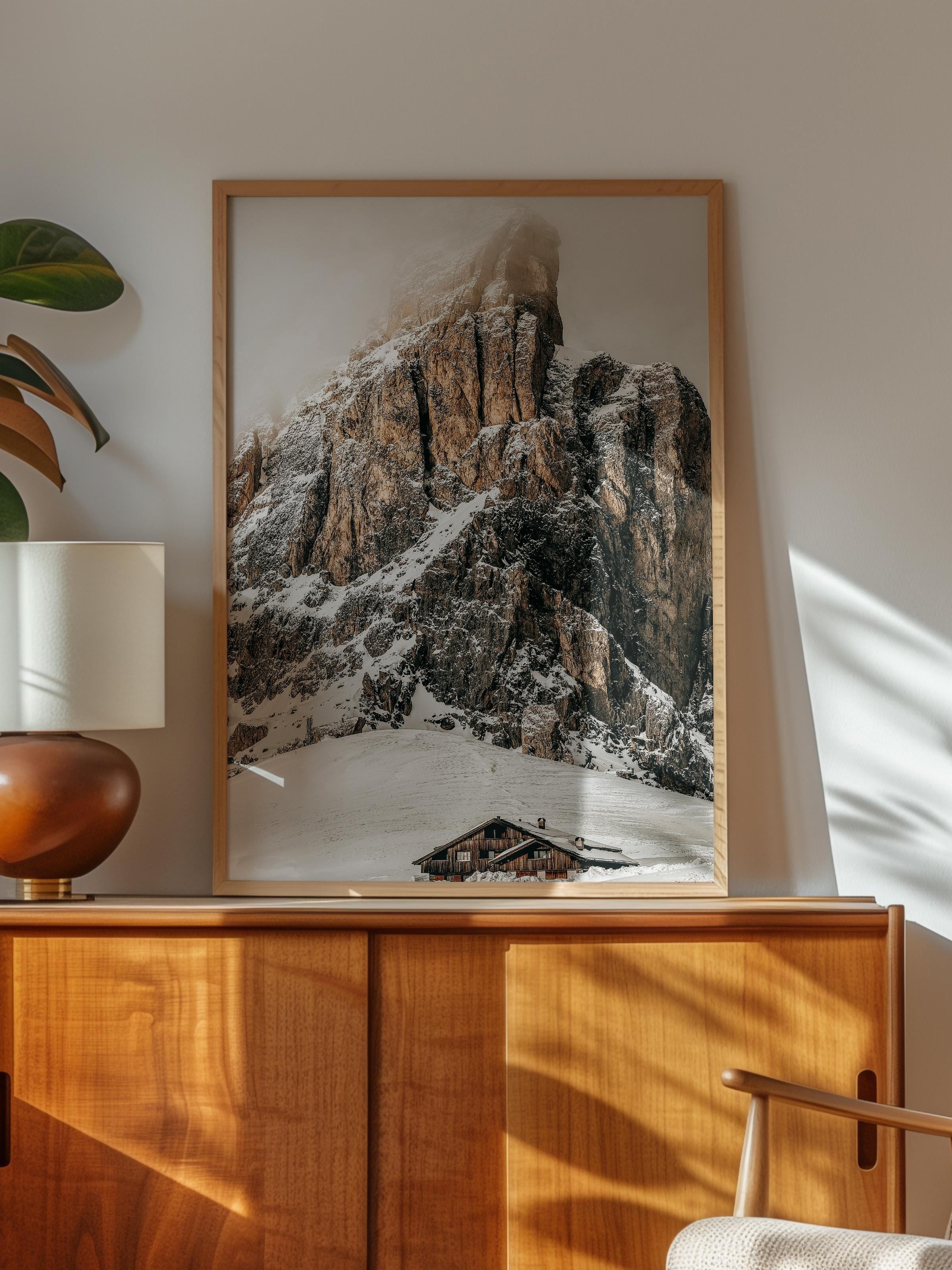 Rustic Çerçevesiz Poster, İskandinav Kahverengi Poster, NO:110 Karla Kaplı Dağ Fotoğraf, Dikey