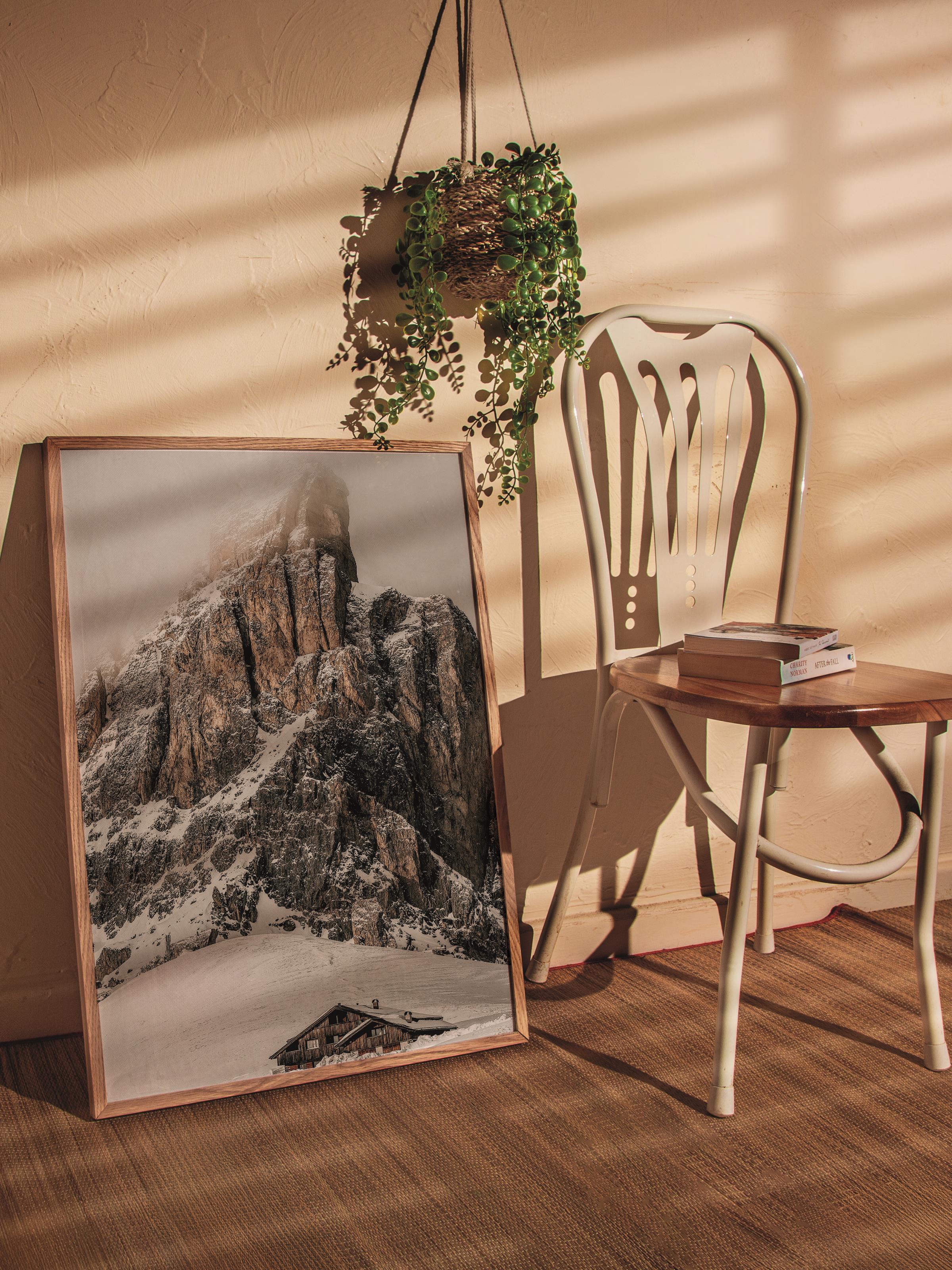 Rustic Çerçevesiz Poster, İskandinav Kahverengi Poster, NO:110 Karla Kaplı Dağ Fotoğraf, Dikey