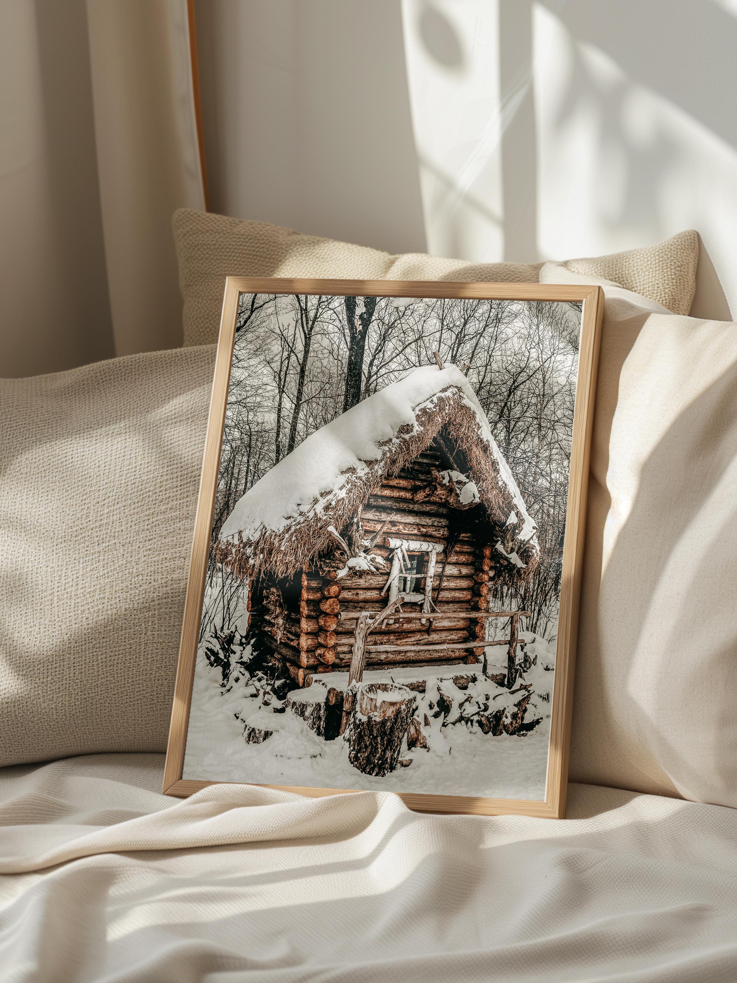 Rustic Çerçevesiz Poster, İskandinav Kahverengi Poster, NO:112 Karla Kaplı Kulübe Fotoğraf, Dikey
