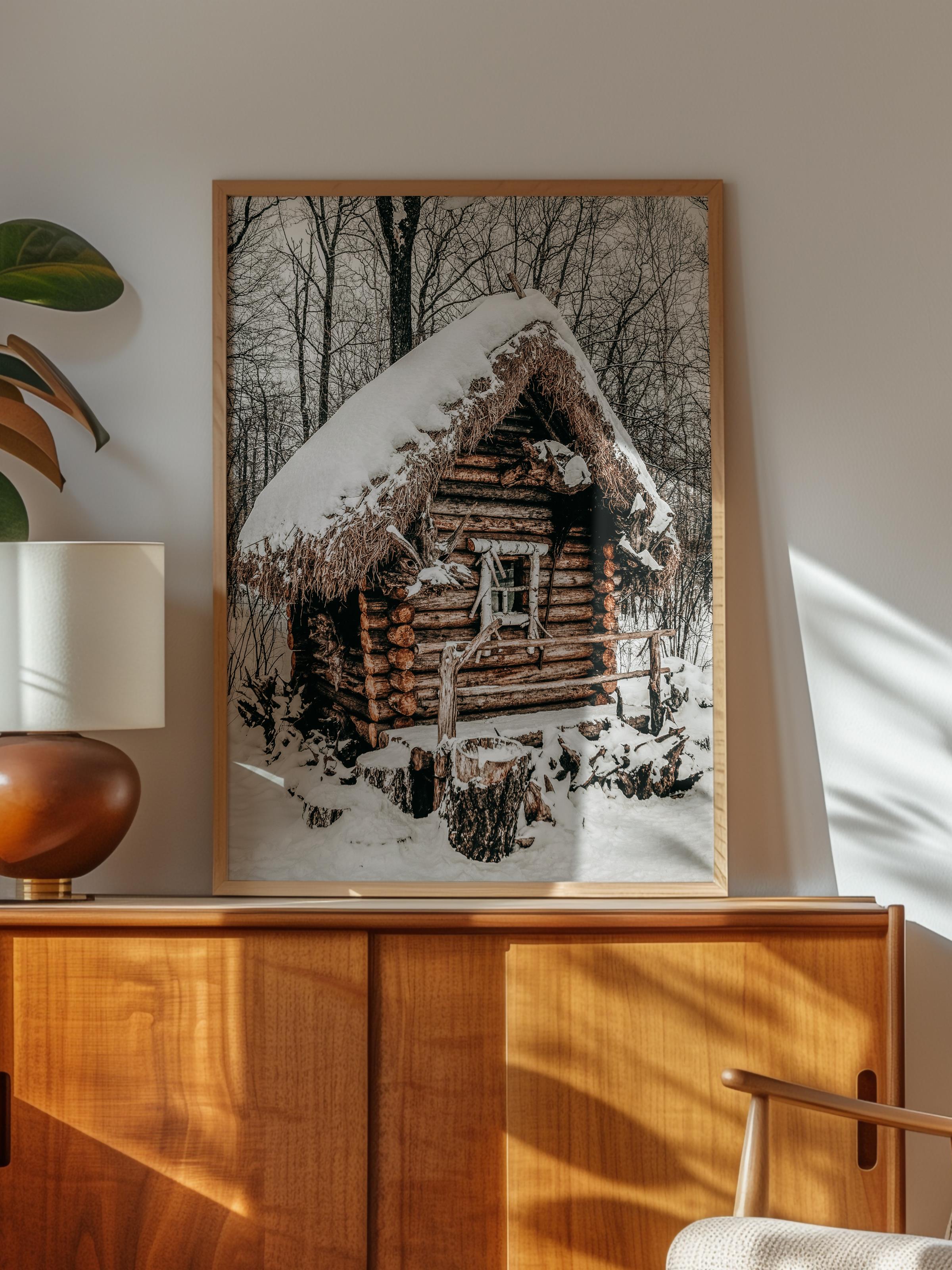 Rustic Çerçevesiz Poster, İskandinav Kahverengi Poster, NO:112 Karla Kaplı Kulübe Fotoğraf, Dikey