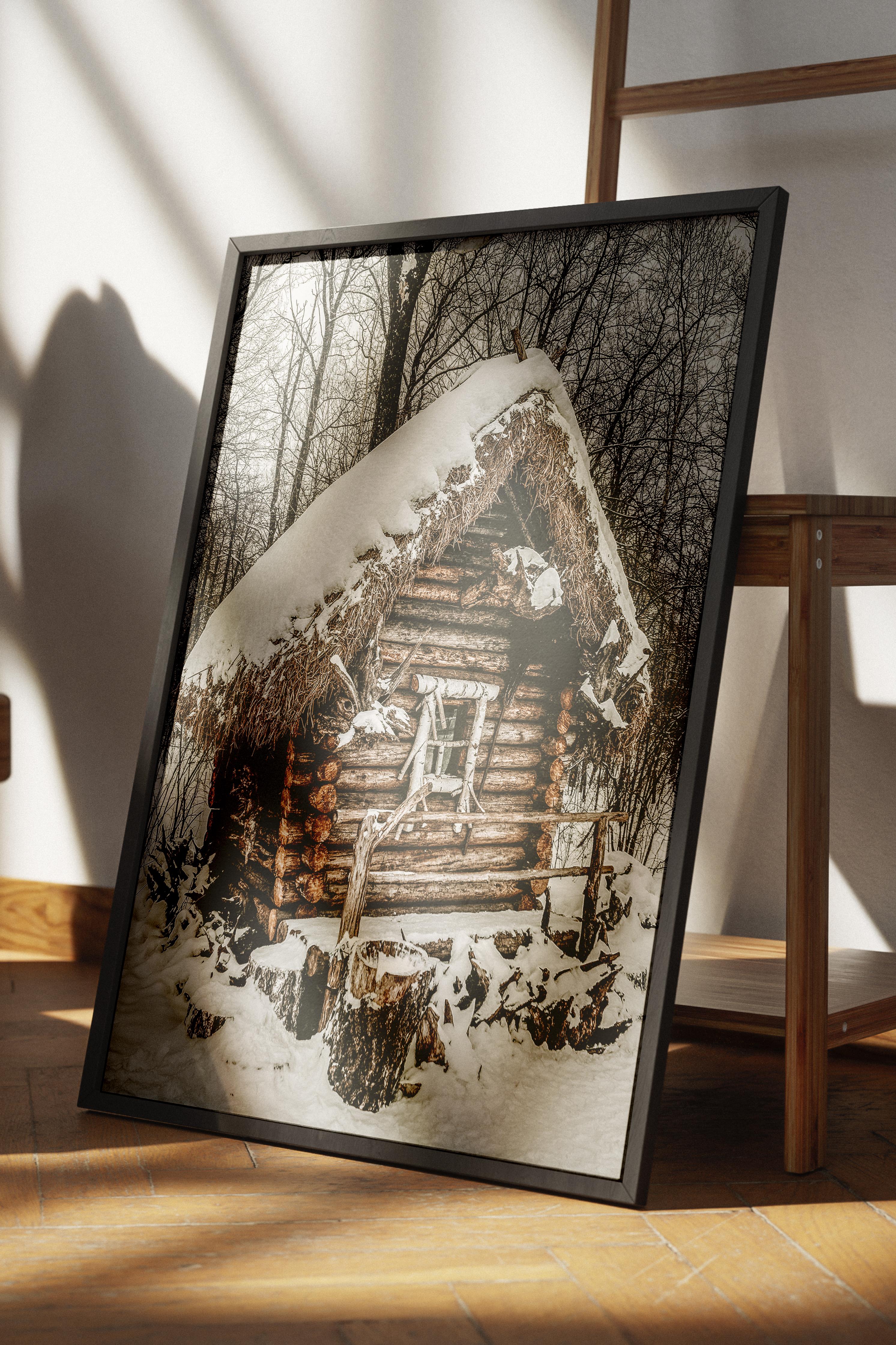 Rustic Çerçevesiz Poster, İskandinav Kahverengi Poster, NO:112 Karla Kaplı Kulübe Fotoğraf, Dikey