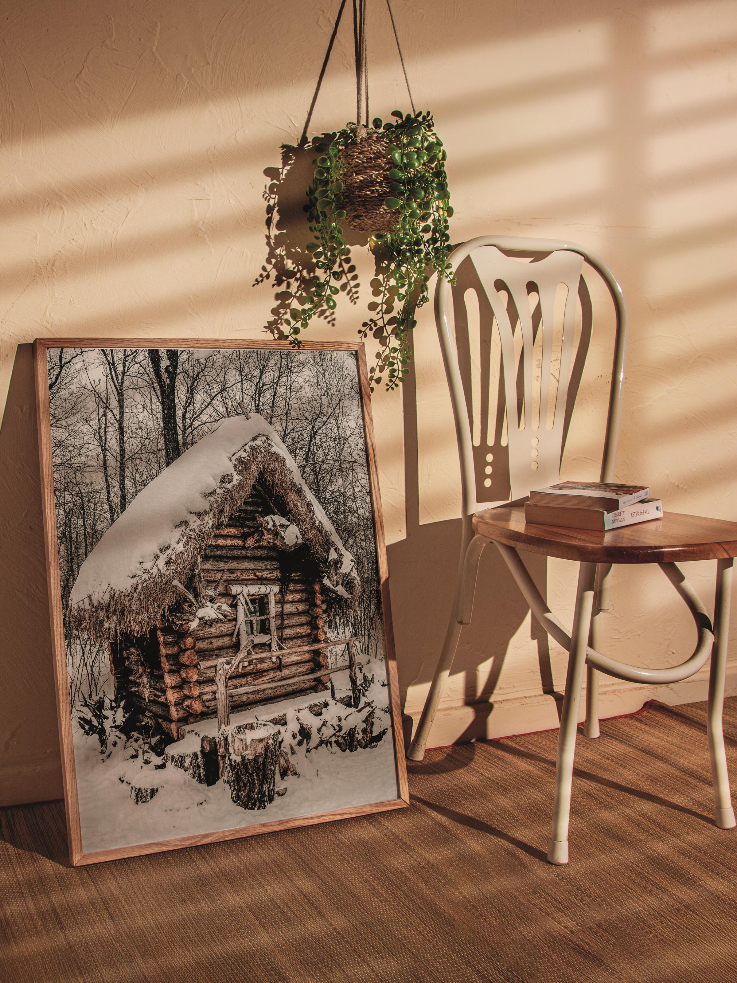 Rustic Çerçevesiz Poster, İskandinav Kahverengi Poster, NO:112 Karla Kaplı Kulübe Fotoğraf, Dikey