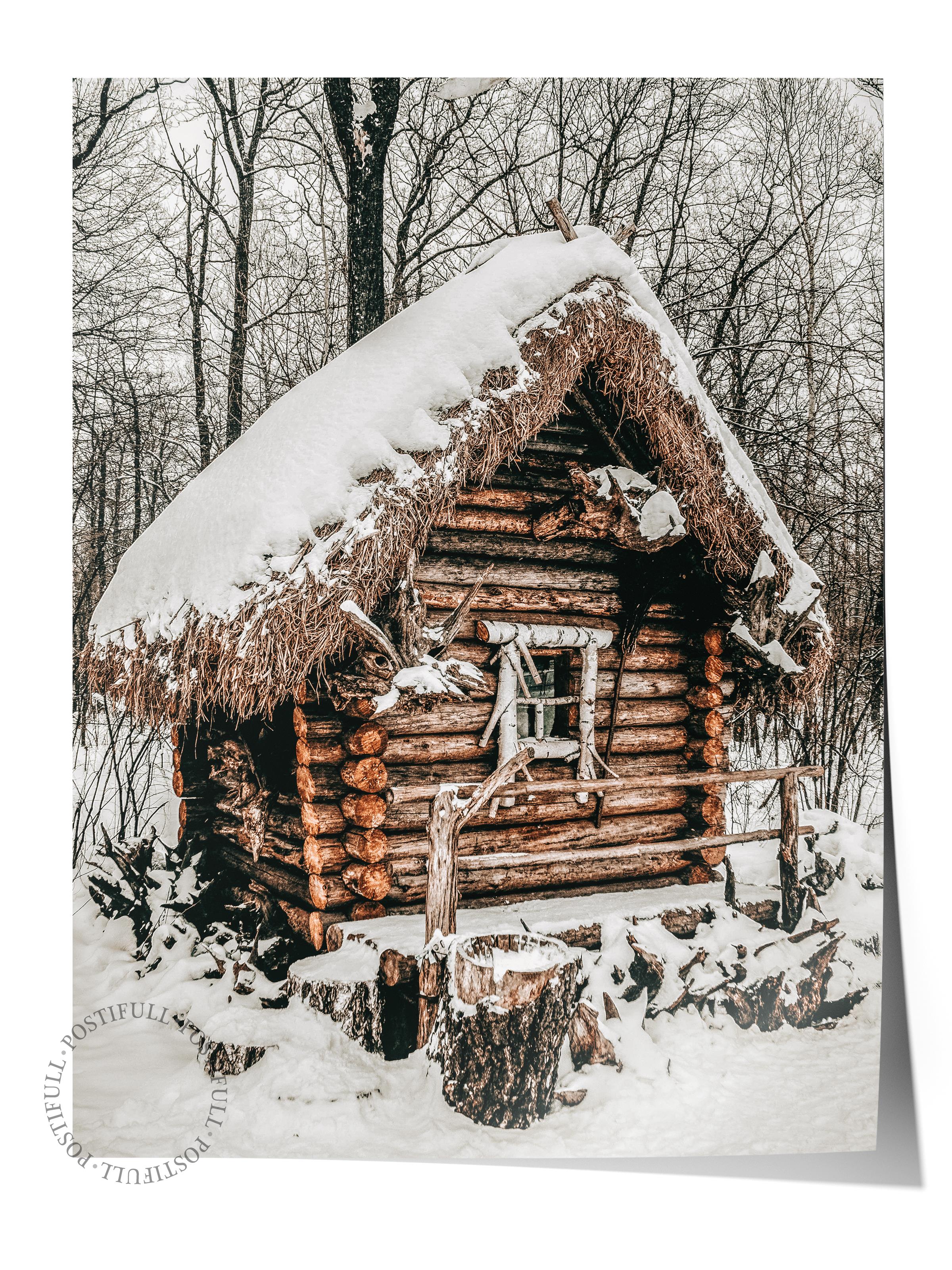 Rustic Çerçevesiz Poster, İskandinav Kahverengi Poster, NO:112 Karla Kaplı Kulübe Fotoğraf, Dikey