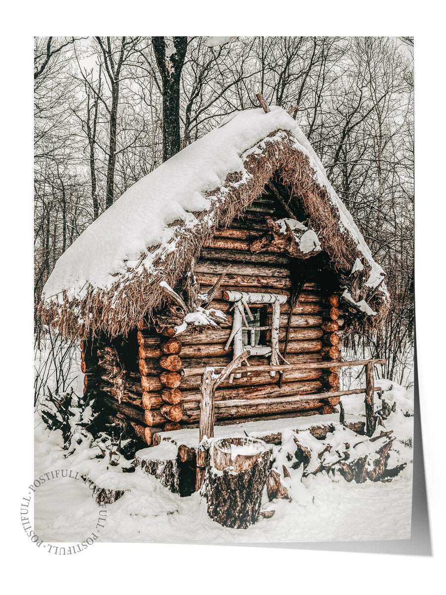 Karlı Ormanda Kütük Kulübe Rustic Çerçevesiz Poster