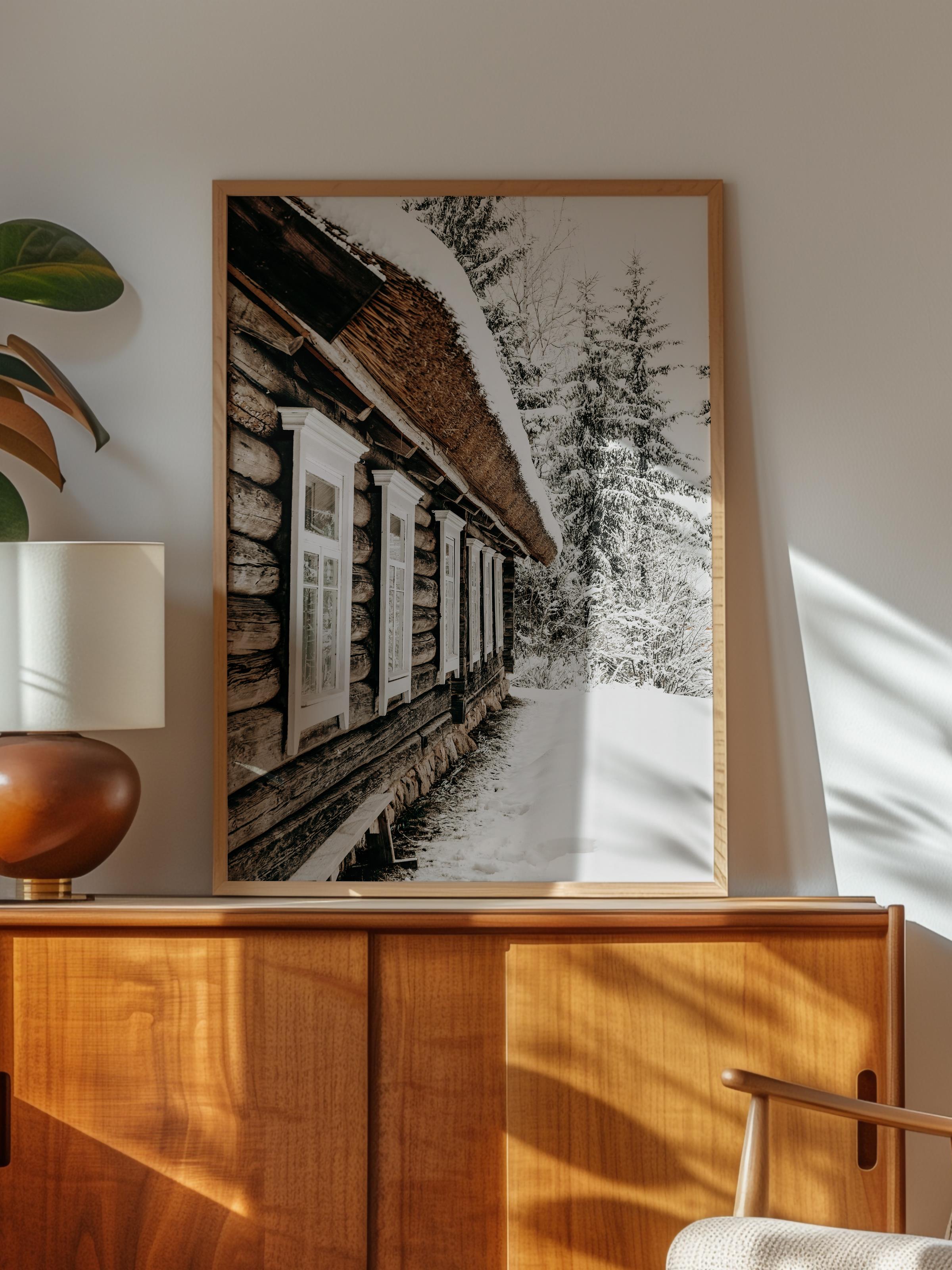 Rustic Çerçevesiz Poster, İskandinav Kahverengi Poster, NO:116 Ahşap Kulübe ve Kar Fotoğraf, Dikey