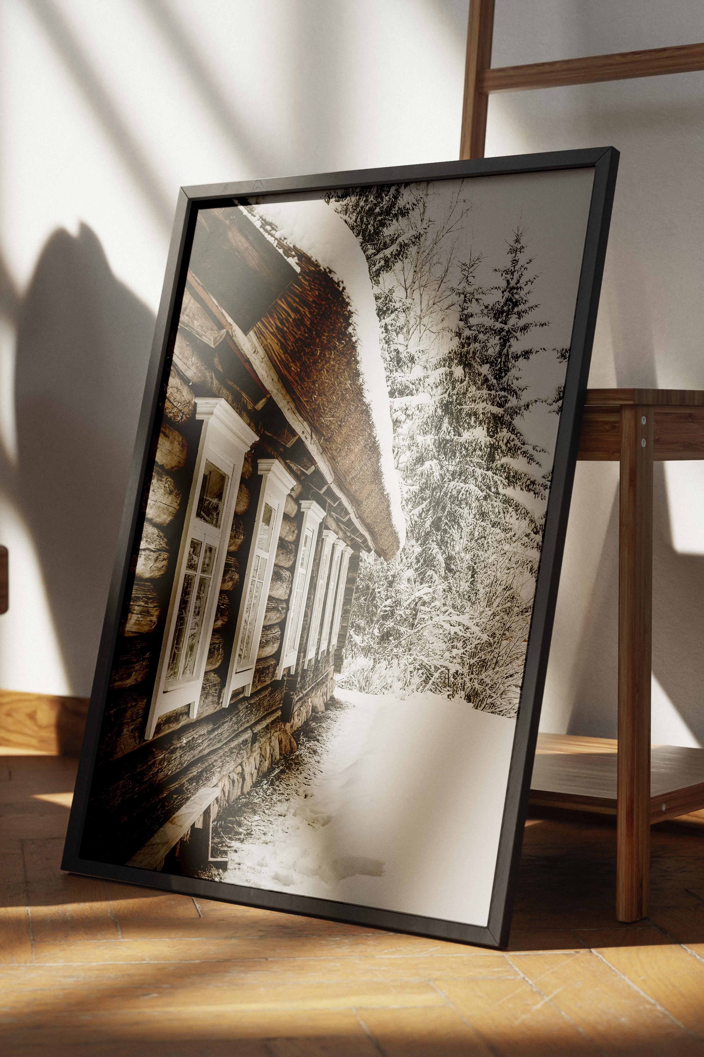 Rustic Çerçevesiz Poster, İskandinav Kahverengi Poster, NO:116 Ahşap Kulübe ve Kar Fotoğraf, Dikey