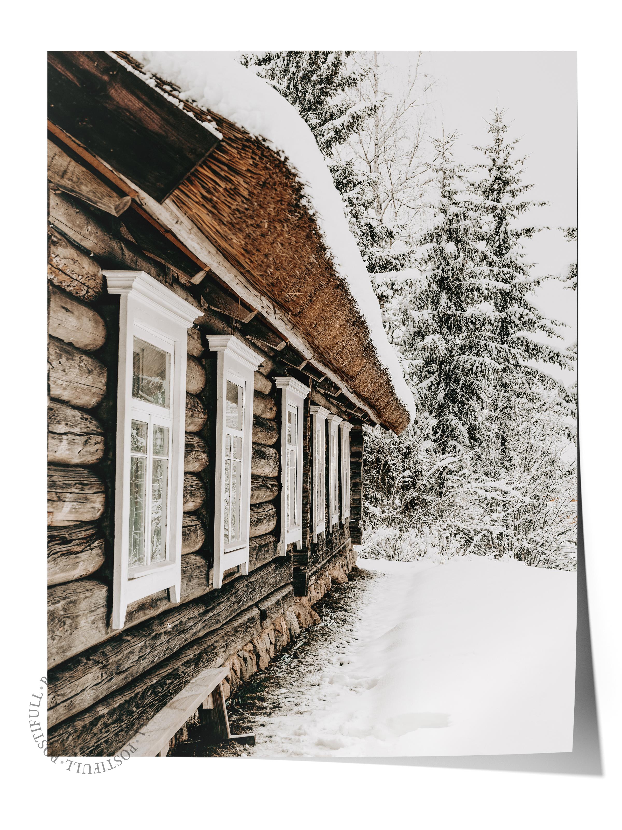 Rustic Çerçevesiz Poster, İskandinav Kahverengi Poster, NO:116 Ahşap Kulübe ve Kar Fotoğraf, Dikey