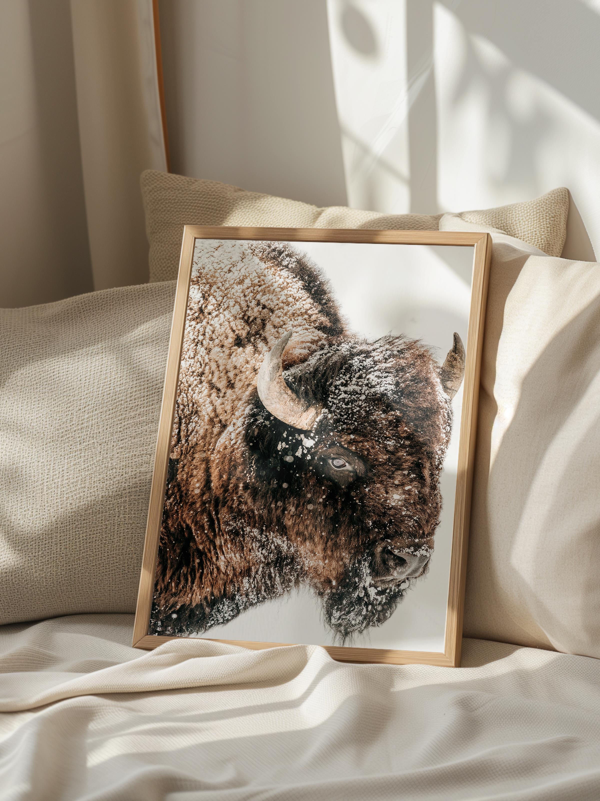 Rustic Çerçevesiz Poster, İskandinav Kahverengi Poster, NO:117 Bison Yakın Plan Fotoğraf, Dikey