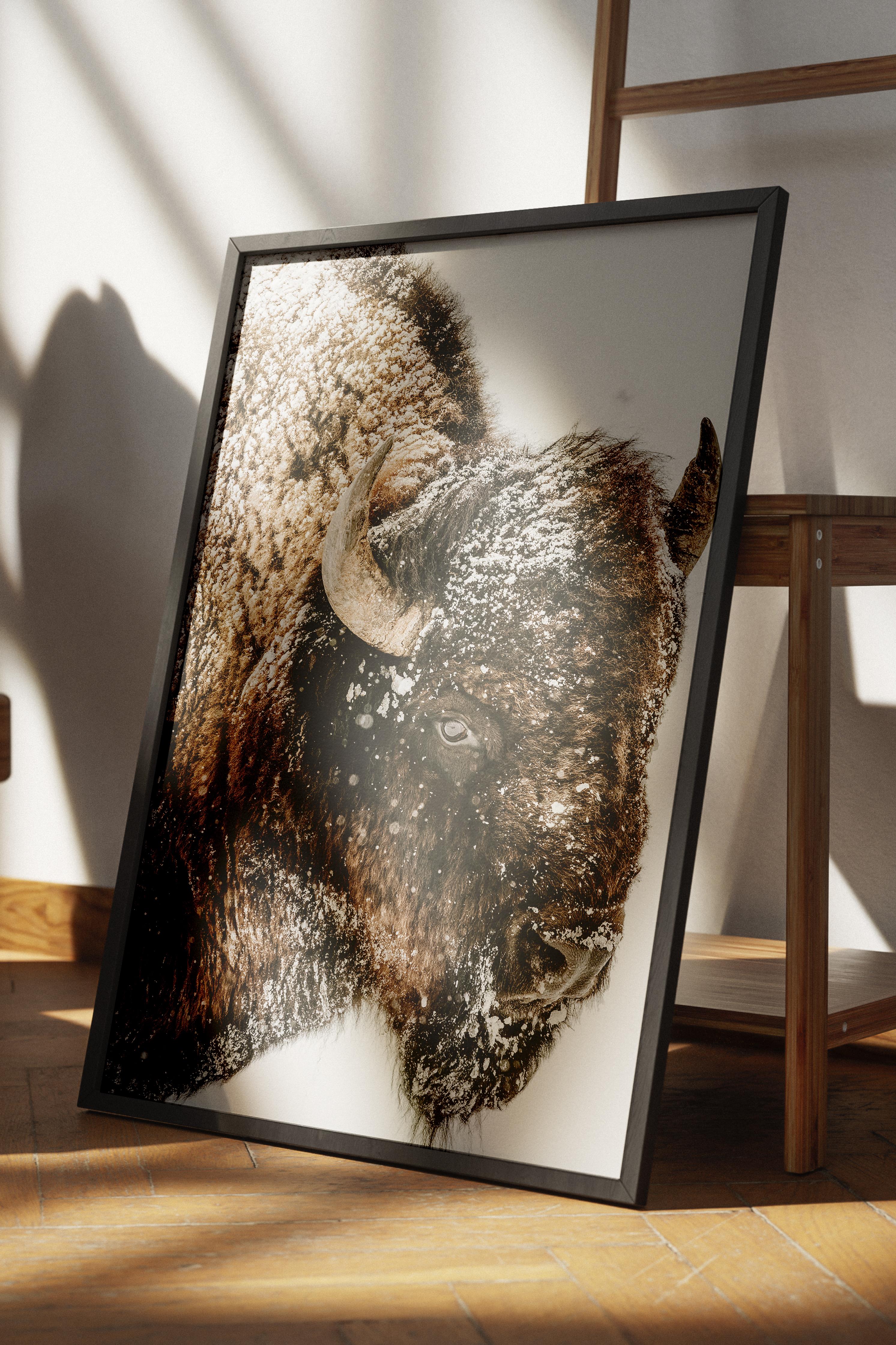 Rustic Çerçevesiz Poster, İskandinav Kahverengi Poster, NO:117 Bison Yakın Plan Fotoğraf, Dikey