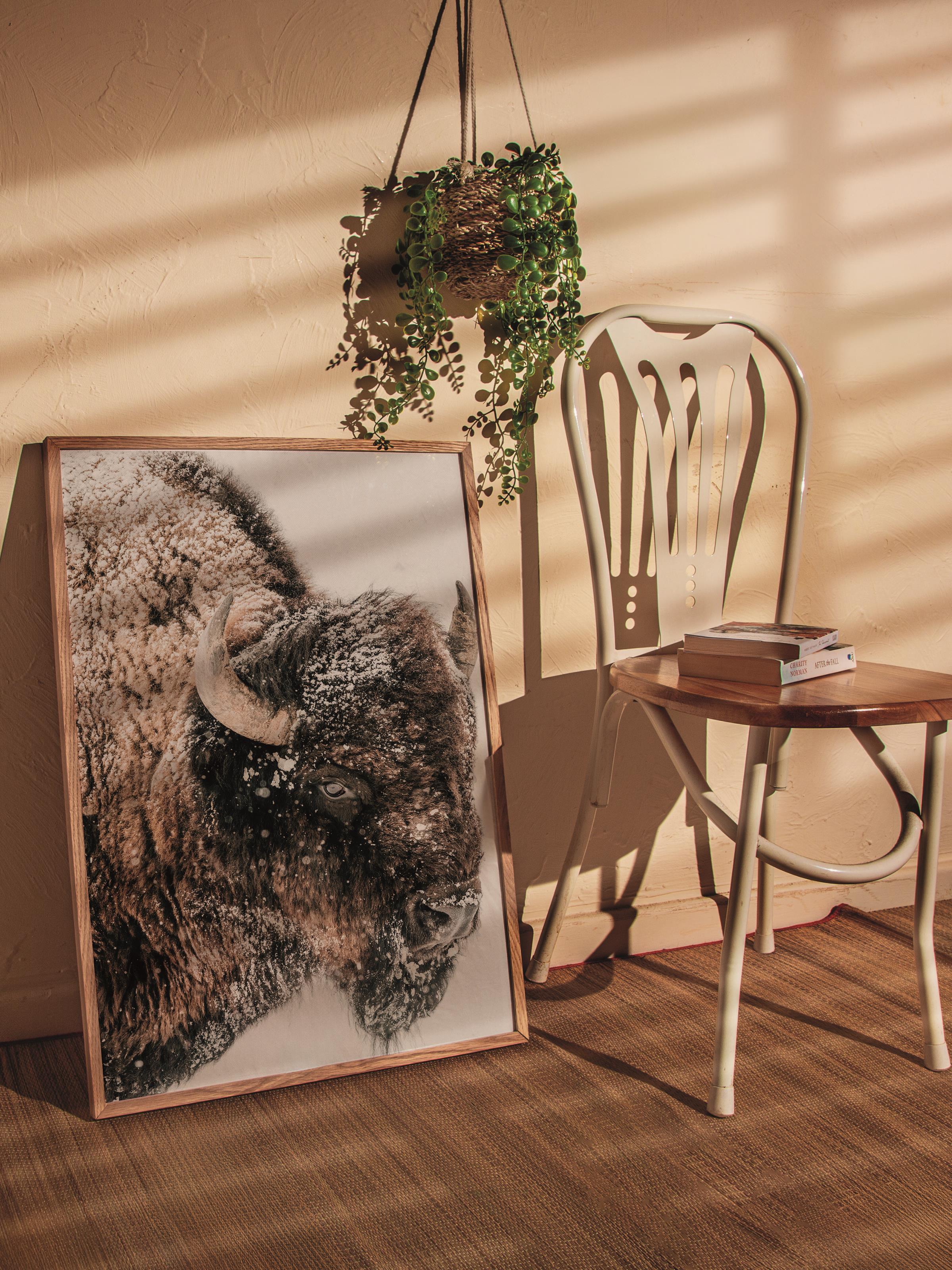 Rustic Çerçevesiz Poster, İskandinav Kahverengi Poster, NO:117 Bison Yakın Plan Fotoğraf, Dikey
