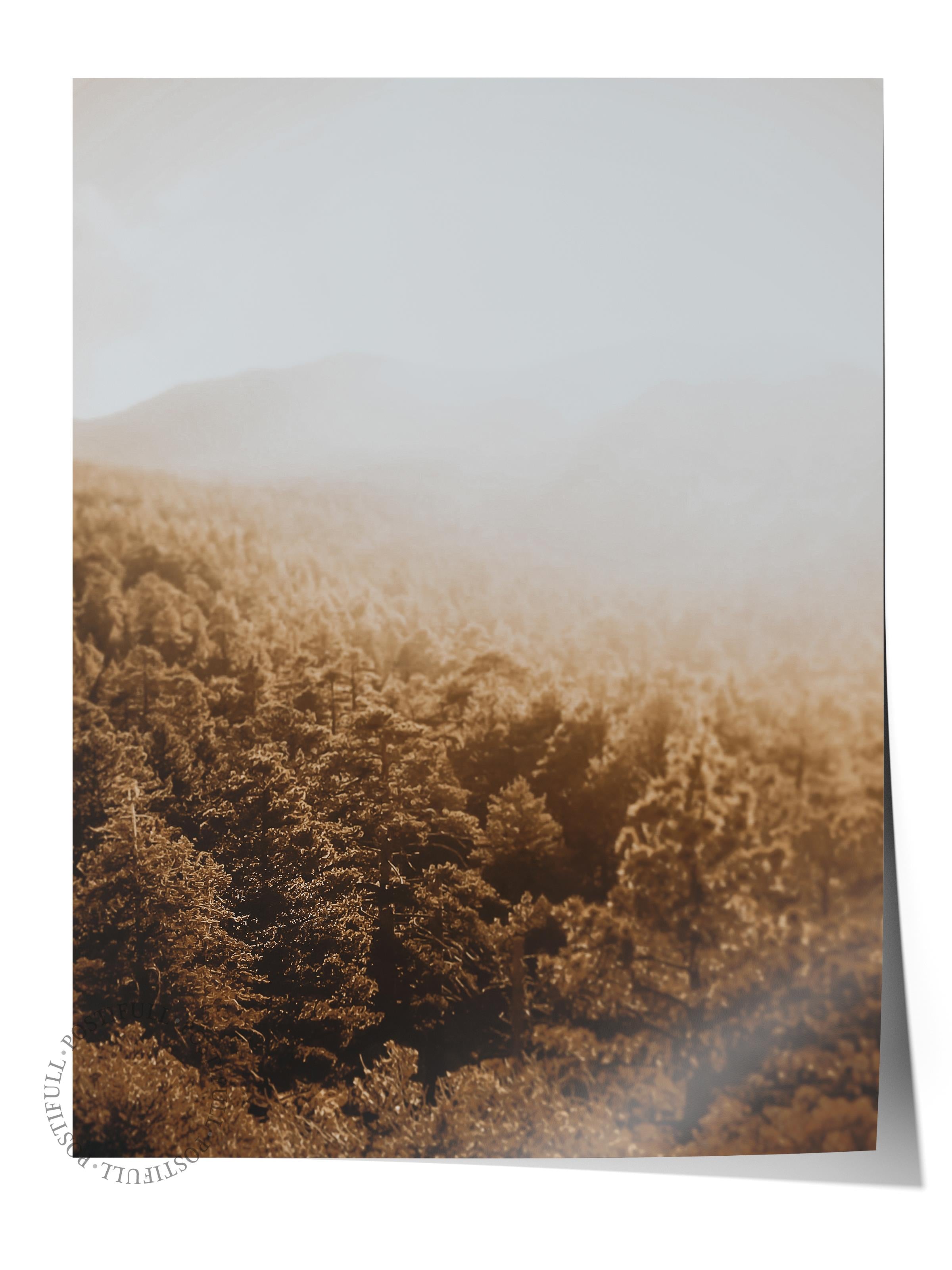 Rustic Çerçevesiz Poster, İskandinav Kahverengi Poster, NO:12 Sisli Orman ve Dağlar Fotoğraf, Dikey