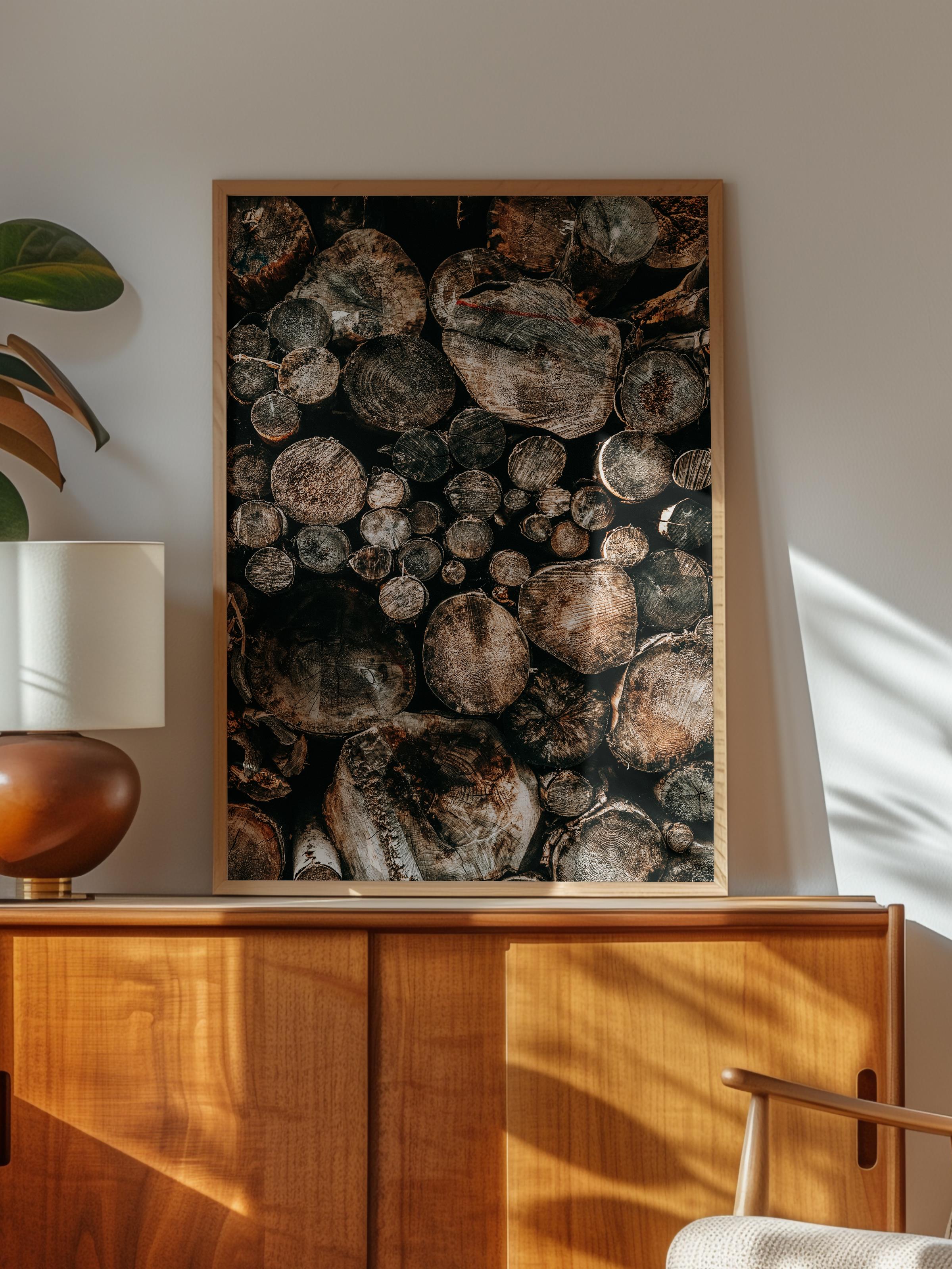 Rustic Çerçevesiz Poster, İskandinav Kahverengi Poster, NO:121 Yığın Halinde Odunlar Fotoğraf, Dikey
