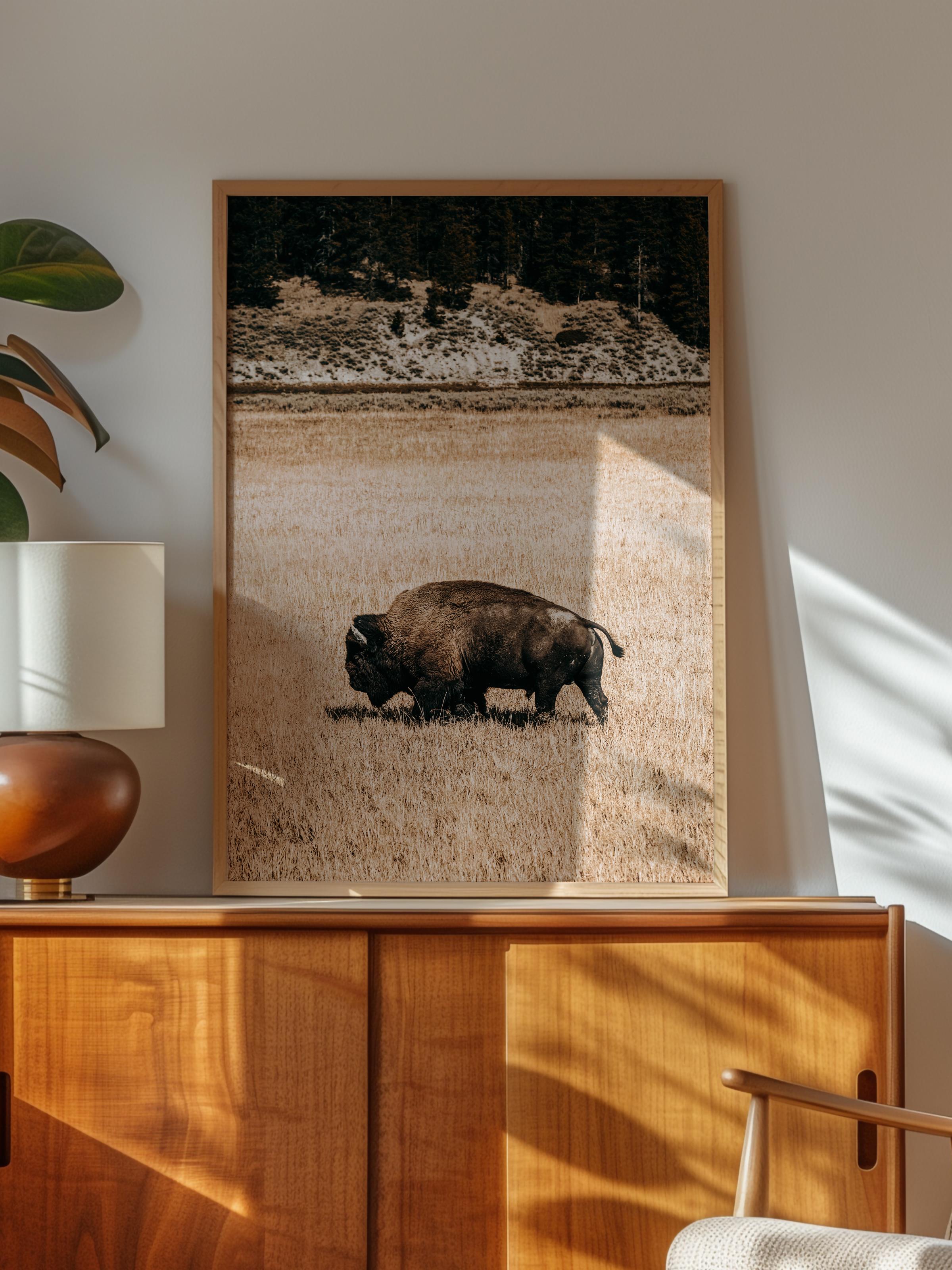 Rustic Çerçevesiz Poster, İskandinav Kahverengi Poster, NO:122 Otlayan Bison Fotoğraf, Dikey
