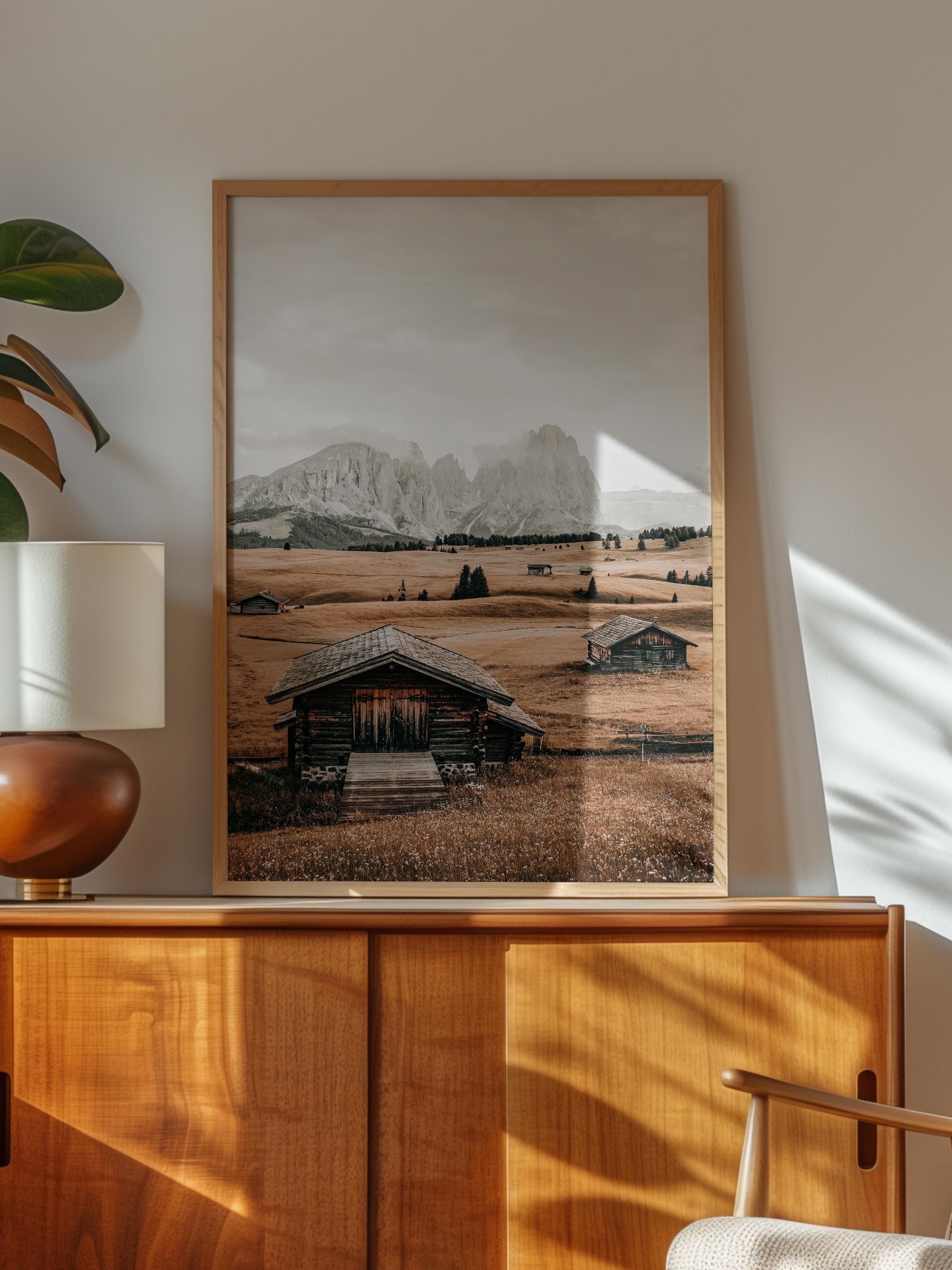 Rustic Çerçevesiz Poster, İskandinav Kahverengi Poster, NO:123 Ahşap Kulübe ve Dağlar Fotoğraf, Dikey