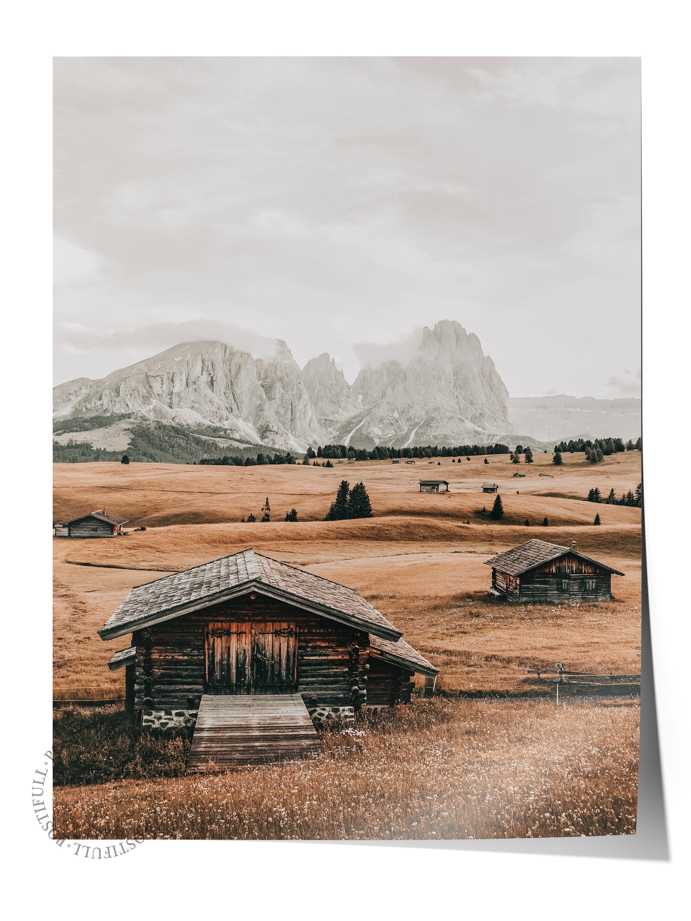Rustic Çerçevesiz Poster, İskandinav Kahverengi Poster, NO:123 Ahşap Kulübe ve Dağlar Fotoğraf, Dikey