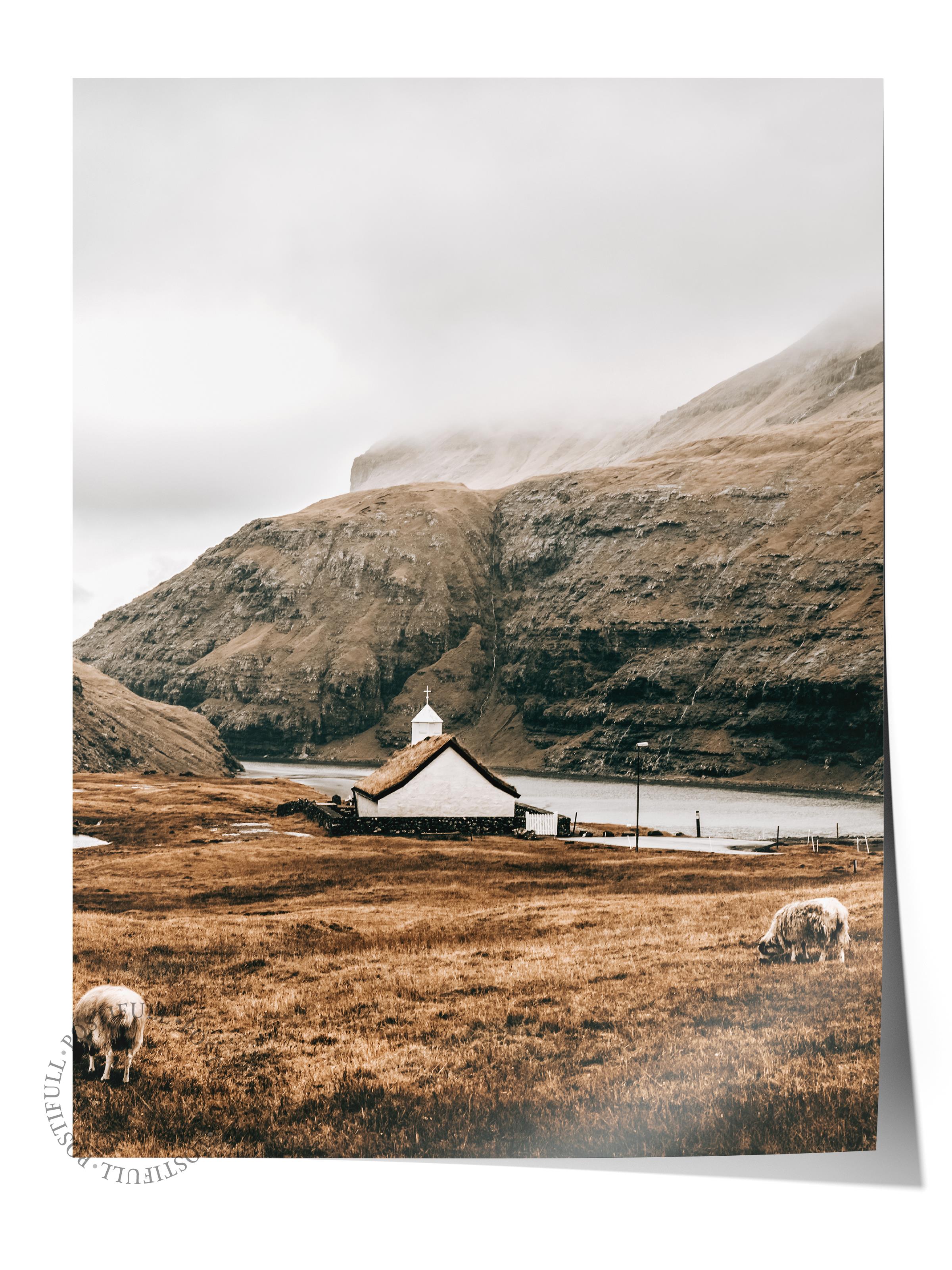 Rustic Çerçevesiz Poster, İskandinav Kahverengi Poster, NO:125 Ahşap Kulübe ve Dağ Fotoğraf, Dikey