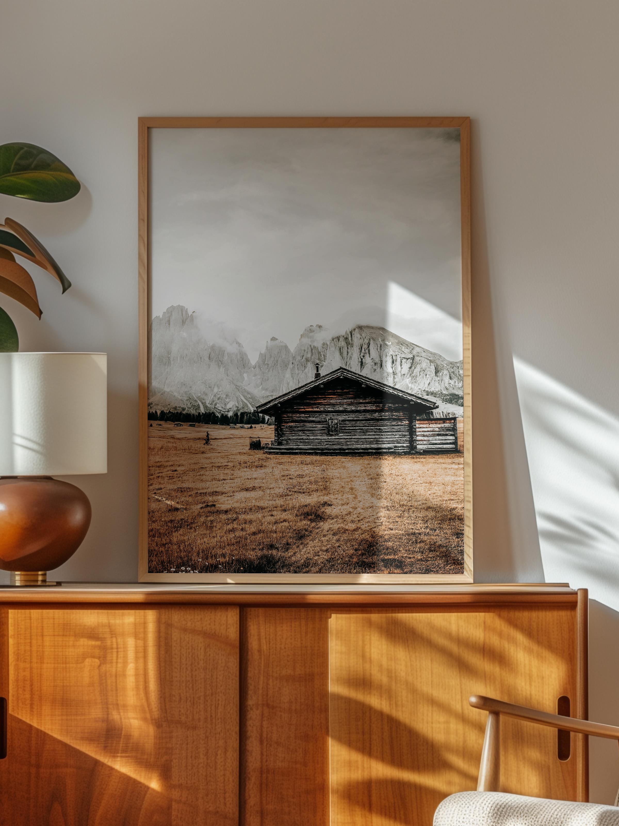 Rustic Çerçevesiz Poster, İskandinav Kahverengi Poster, NO:126 Ahşap Kulübe ve Çimenler Fotoğraf