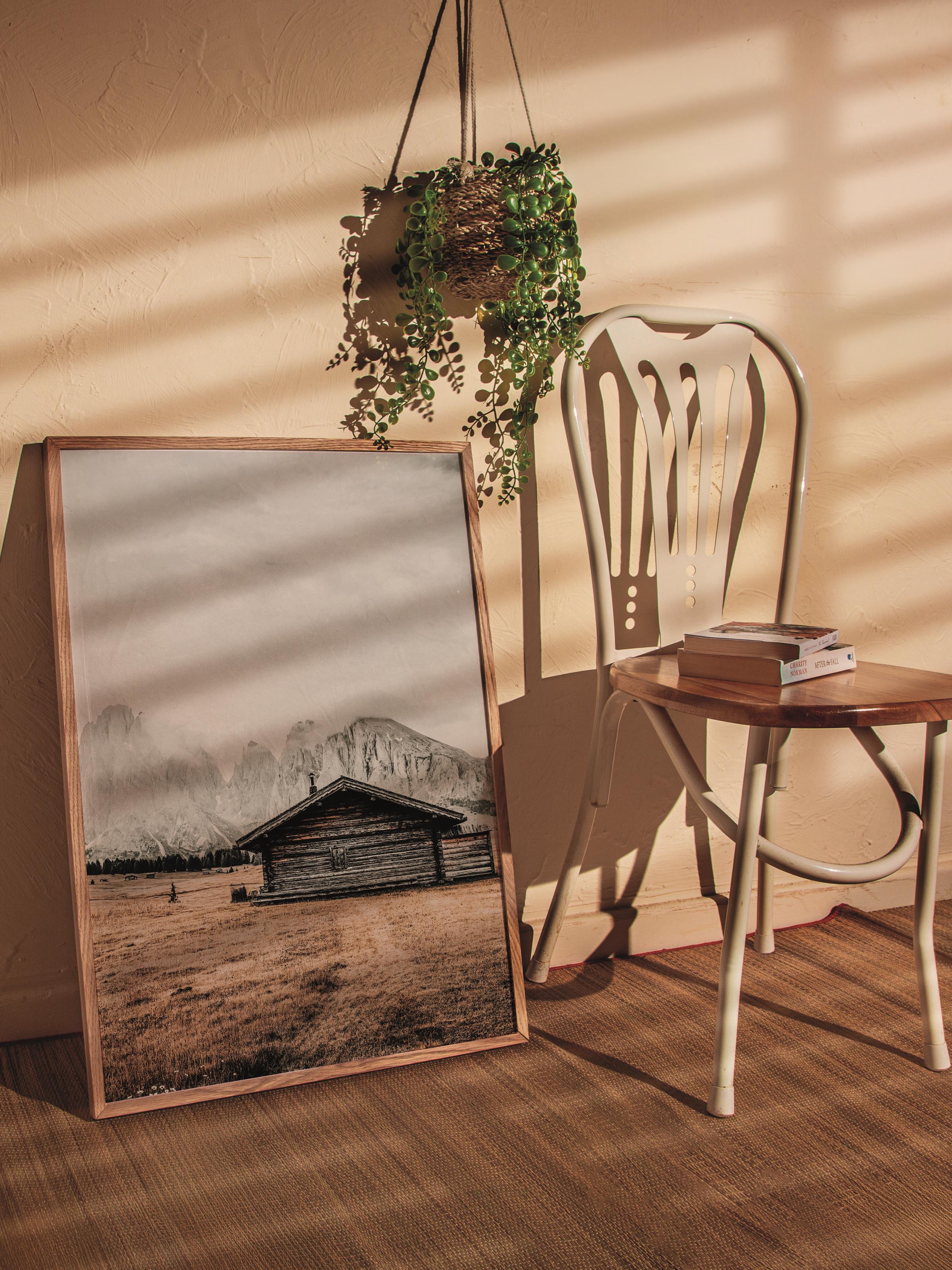 Rustic Çerçevesiz Poster, İskandinav Kahverengi Poster, NO:126 Ahşap Kulübe ve Çimenler Fotoğraf