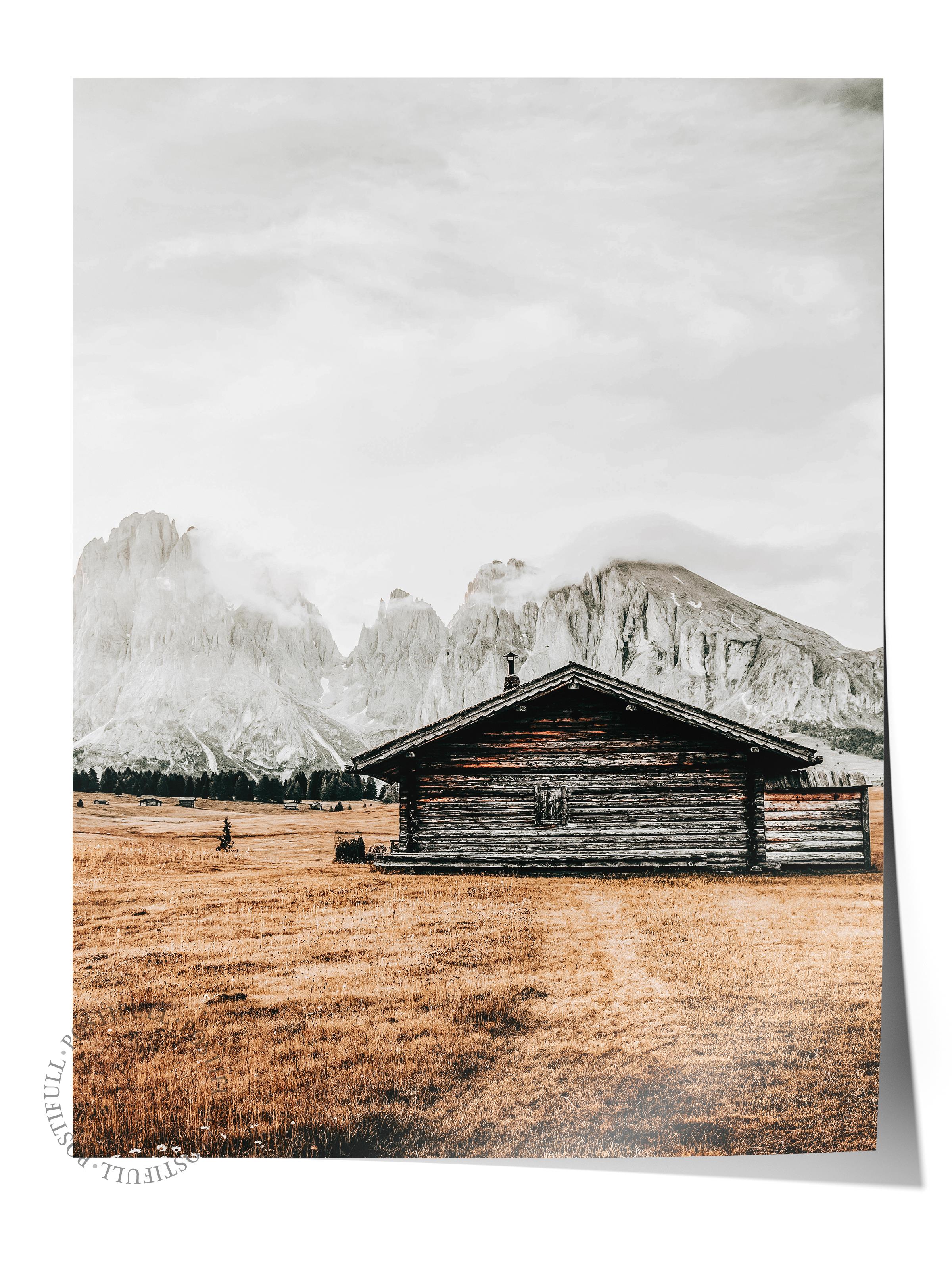 Rustic Çerçevesiz Poster, İskandinav Kahverengi Poster, NO:126 Ahşap Kulübe ve Çimenler Fotoğraf