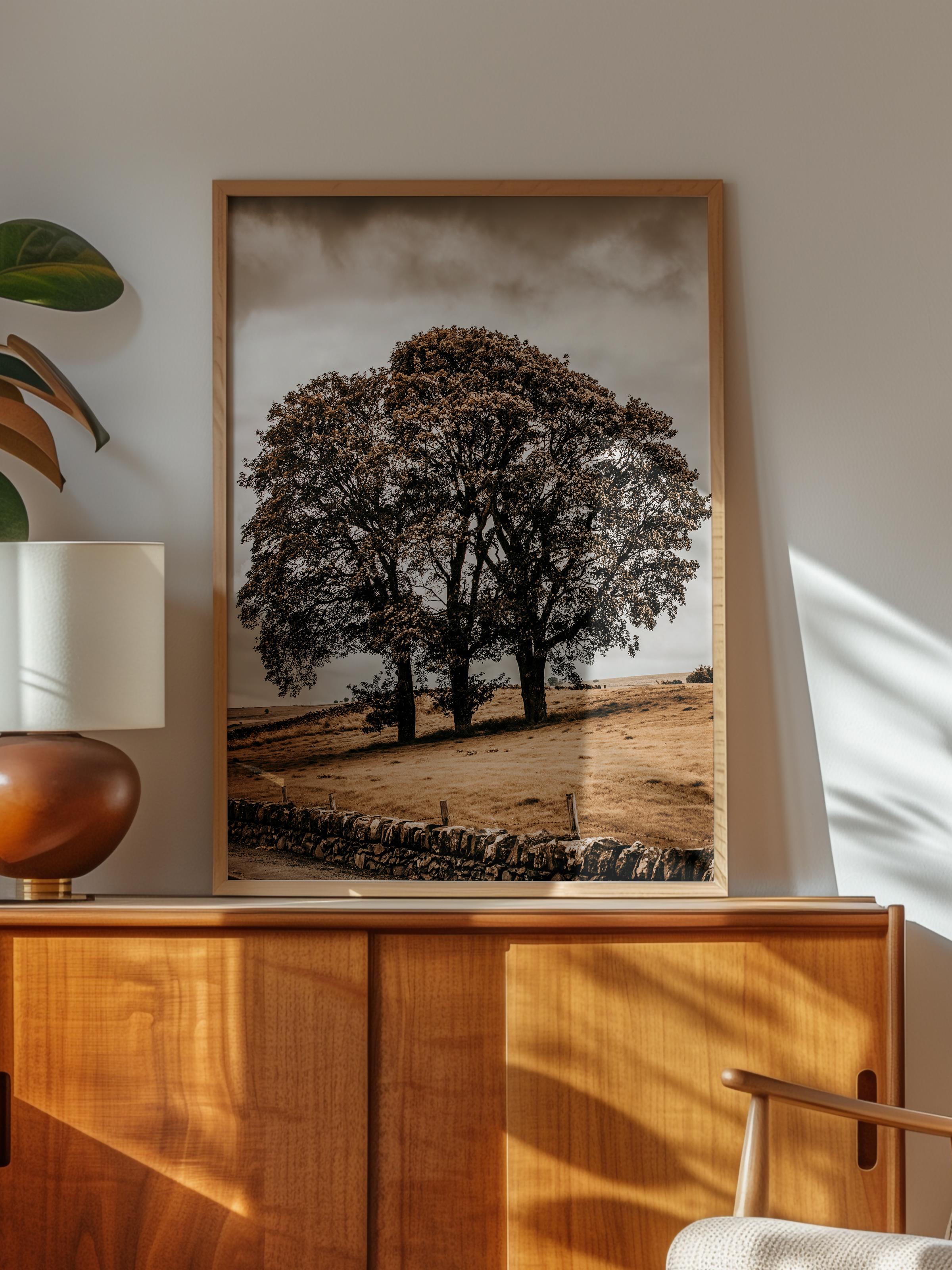 Rustic Çerçevesiz Poster, İskandinav Kahverengi Poster, NO:127 Ağaç ve Tarla Fotoğraf, Dikey