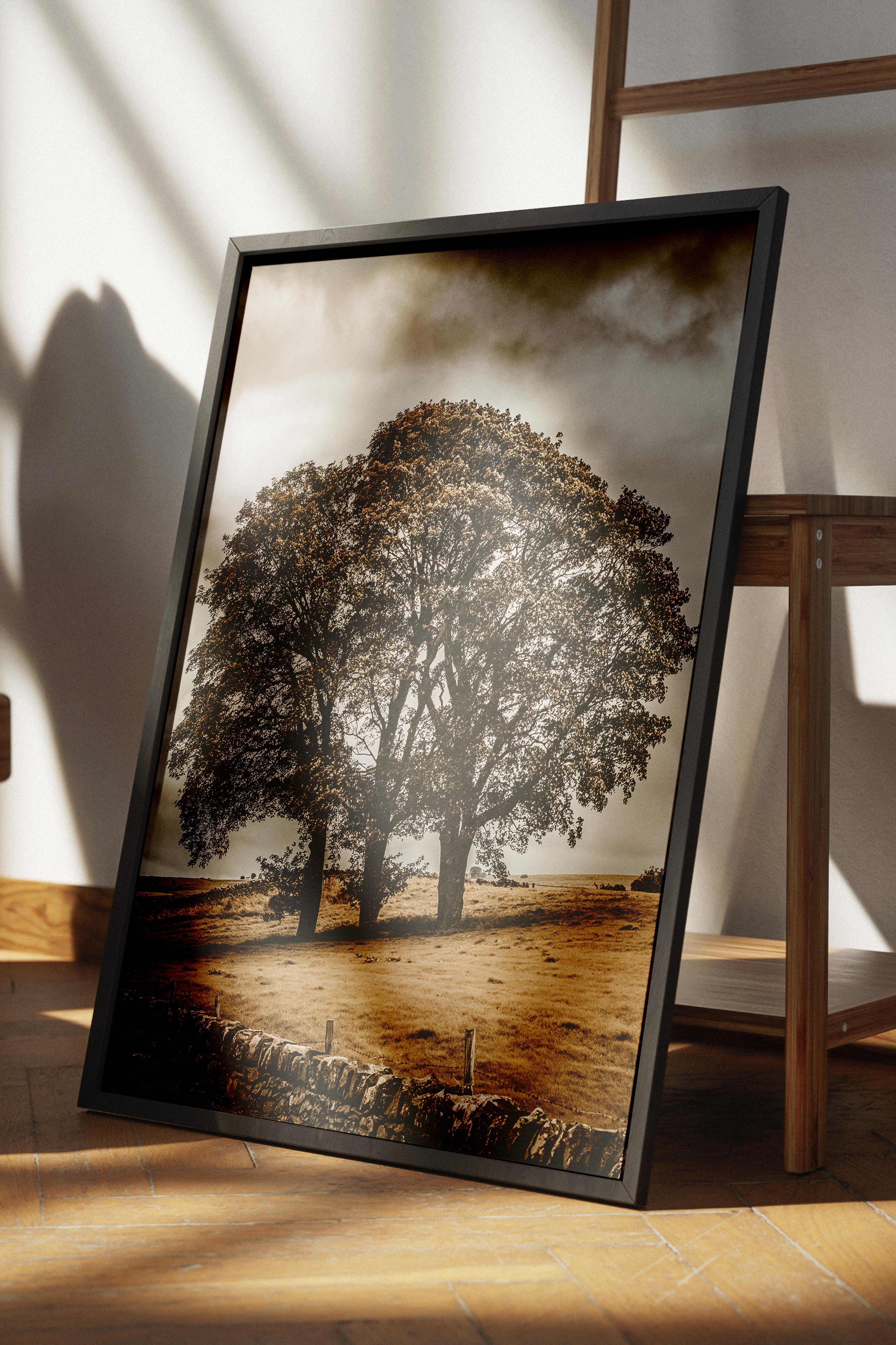 Rustic Çerçevesiz Poster, İskandinav Kahverengi Poster, NO:127 Ağaç ve Tarla Fotoğraf, Dikey