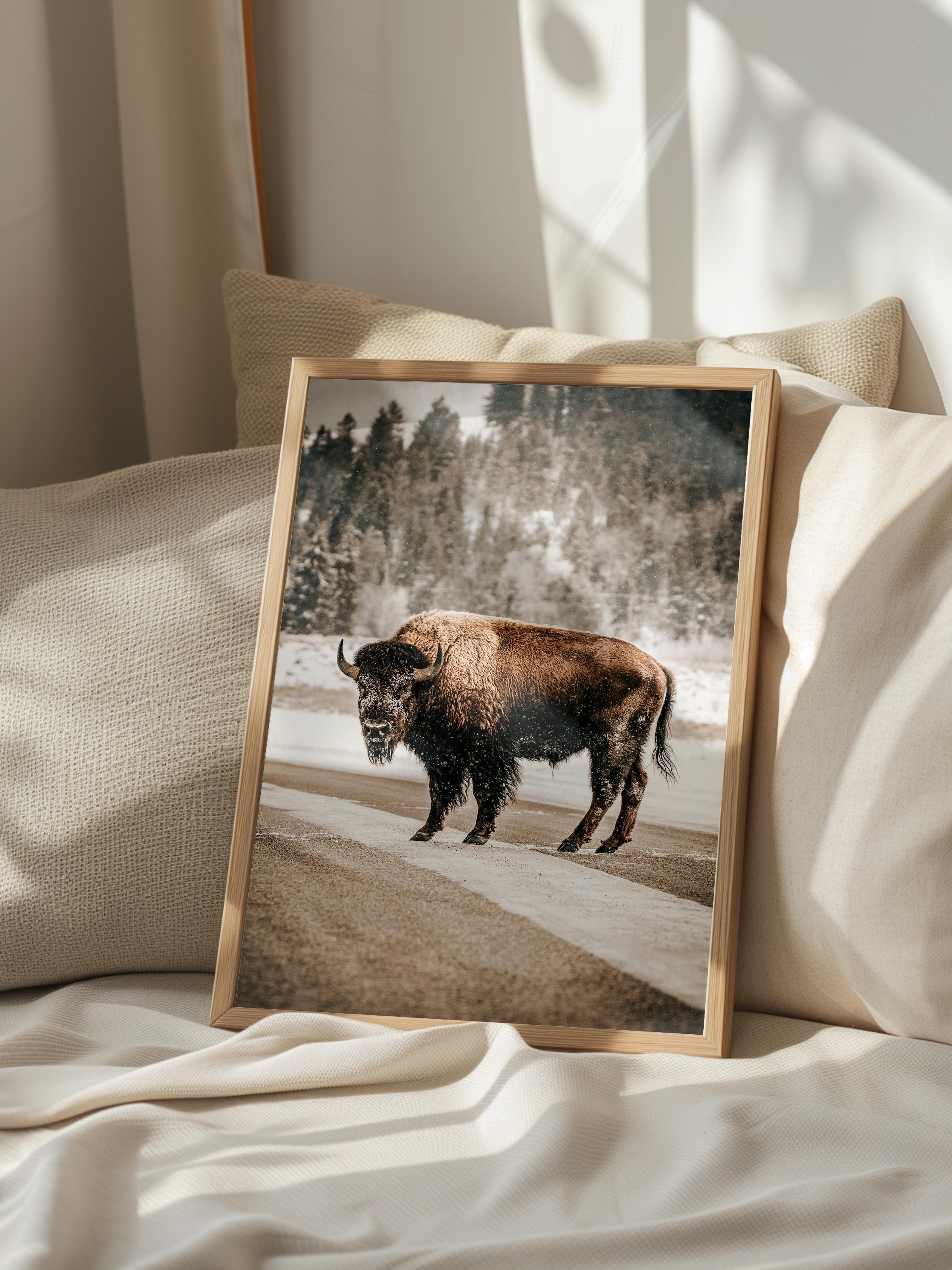 Rustic Çerçevesiz Poster, İskandinav Kahverengi Poster, NO:128 Yolda Bison Fotoğraf, Dikey