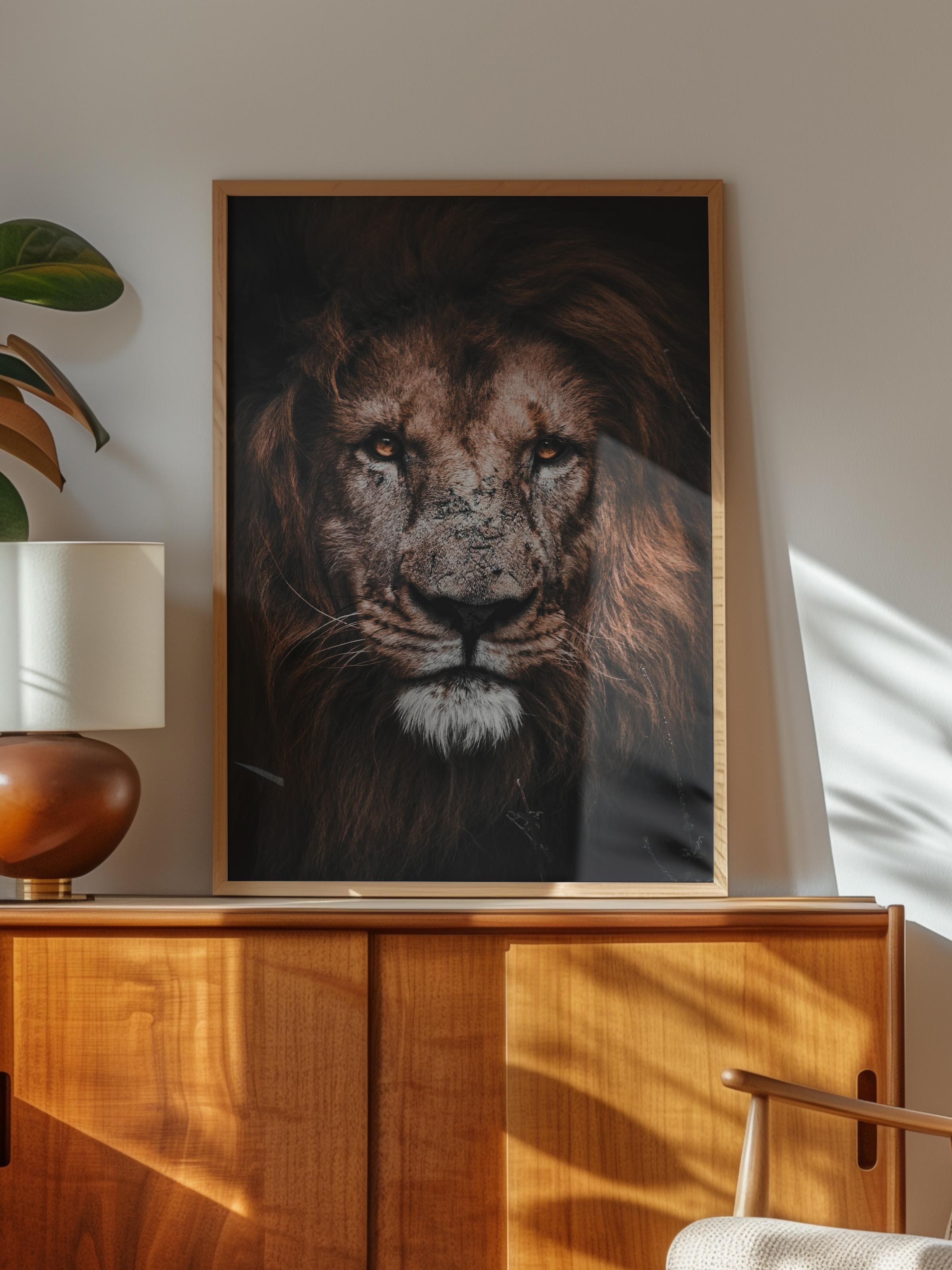 Rustic Çerçevesiz Poster, İskandinav Kahverengi Poster, NO:129 Aslan Portresi Fotoğraf, Dikey