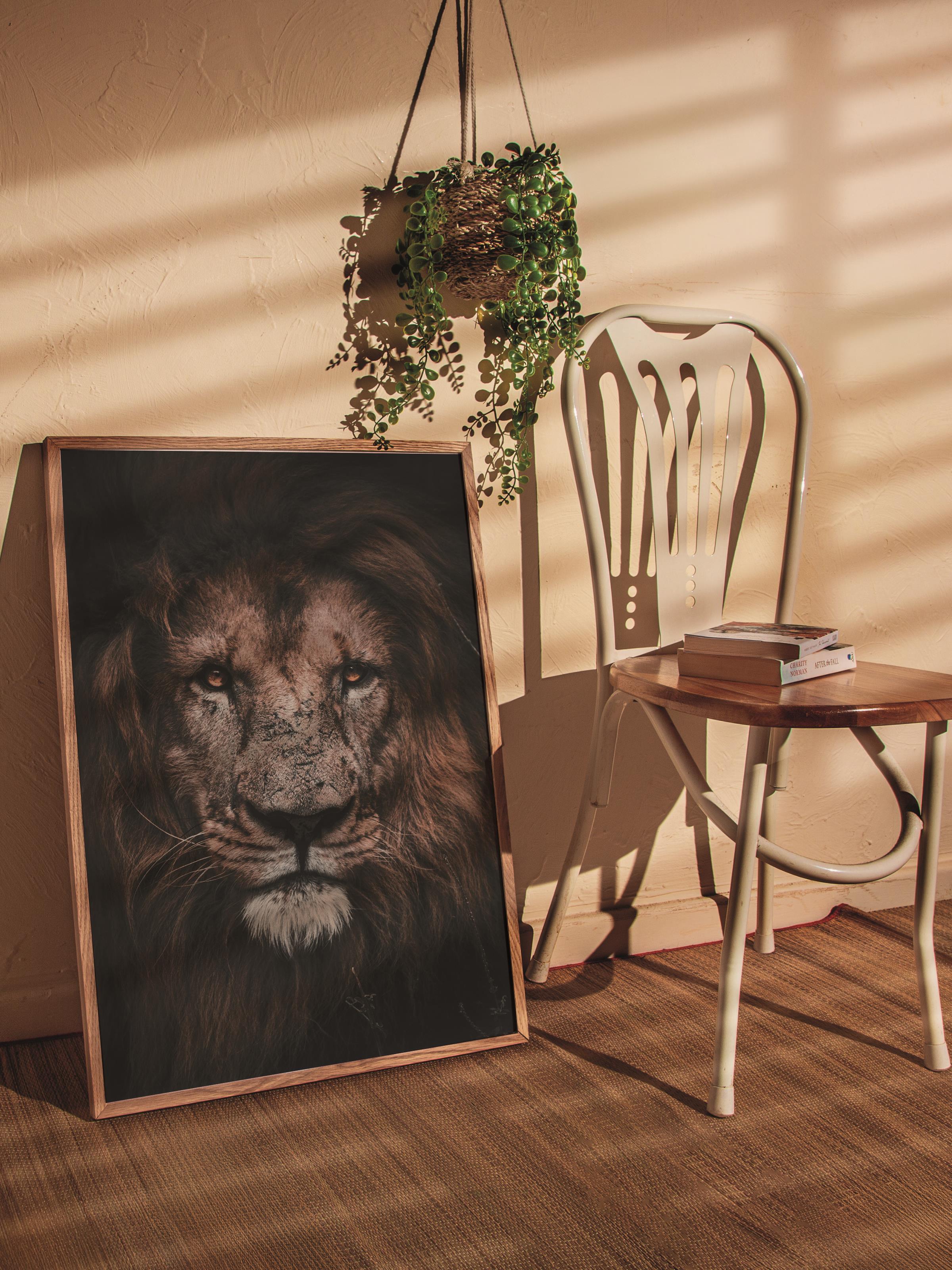 Rustic Çerçevesiz Poster, İskandinav Kahverengi Poster, NO:129 Aslan Portresi Fotoğraf, Dikey