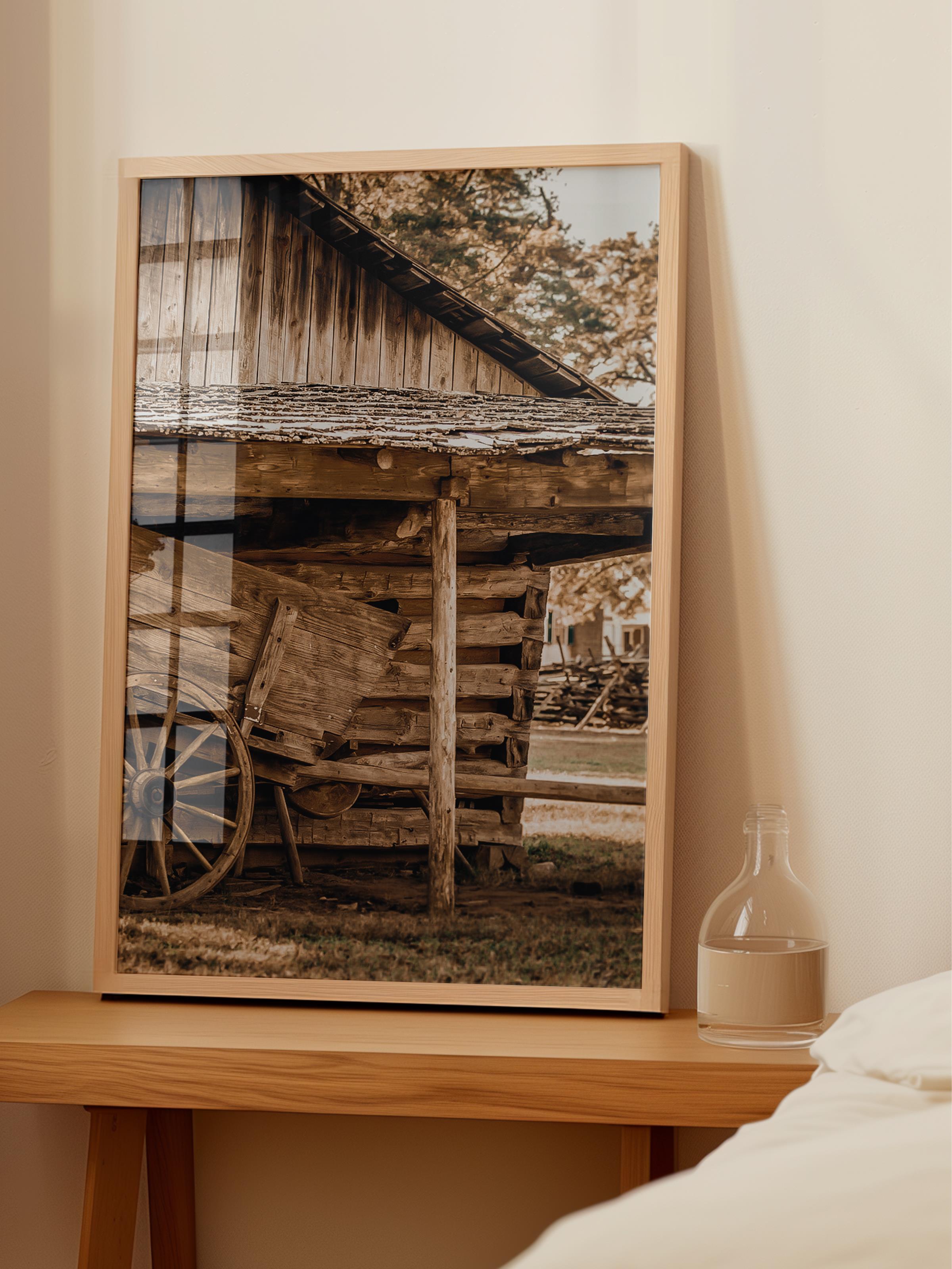 Rustic Çerçevesiz Poster, İskandinav Kahverengi Poster, NO:13 Eski Ahşap Ev ve Tekerlek Fotoğraf