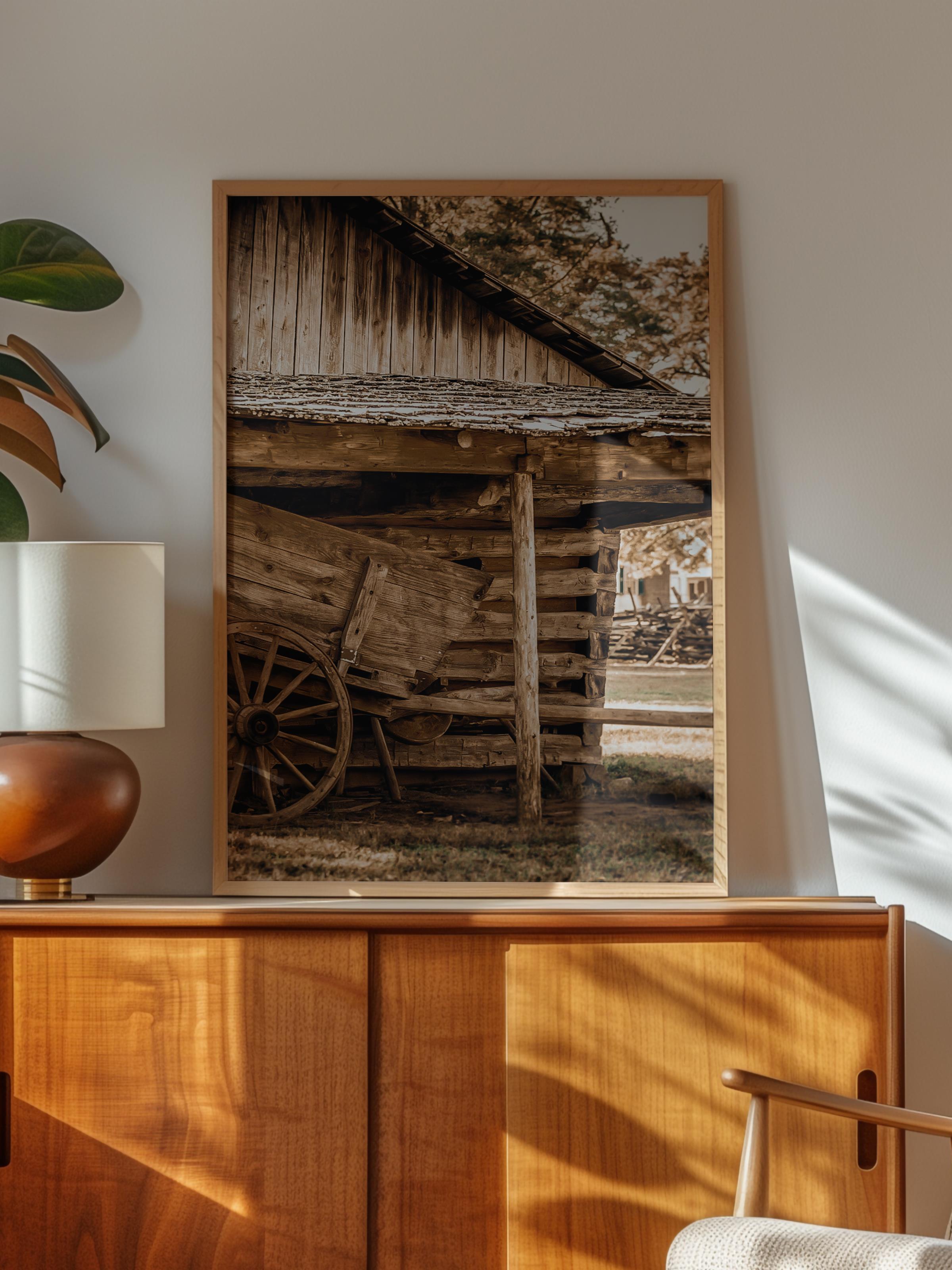 Rustic Çerçevesiz Poster, İskandinav Kahverengi Poster, NO:13 Eski Ahşap Ev ve Tekerlek Fotoğraf