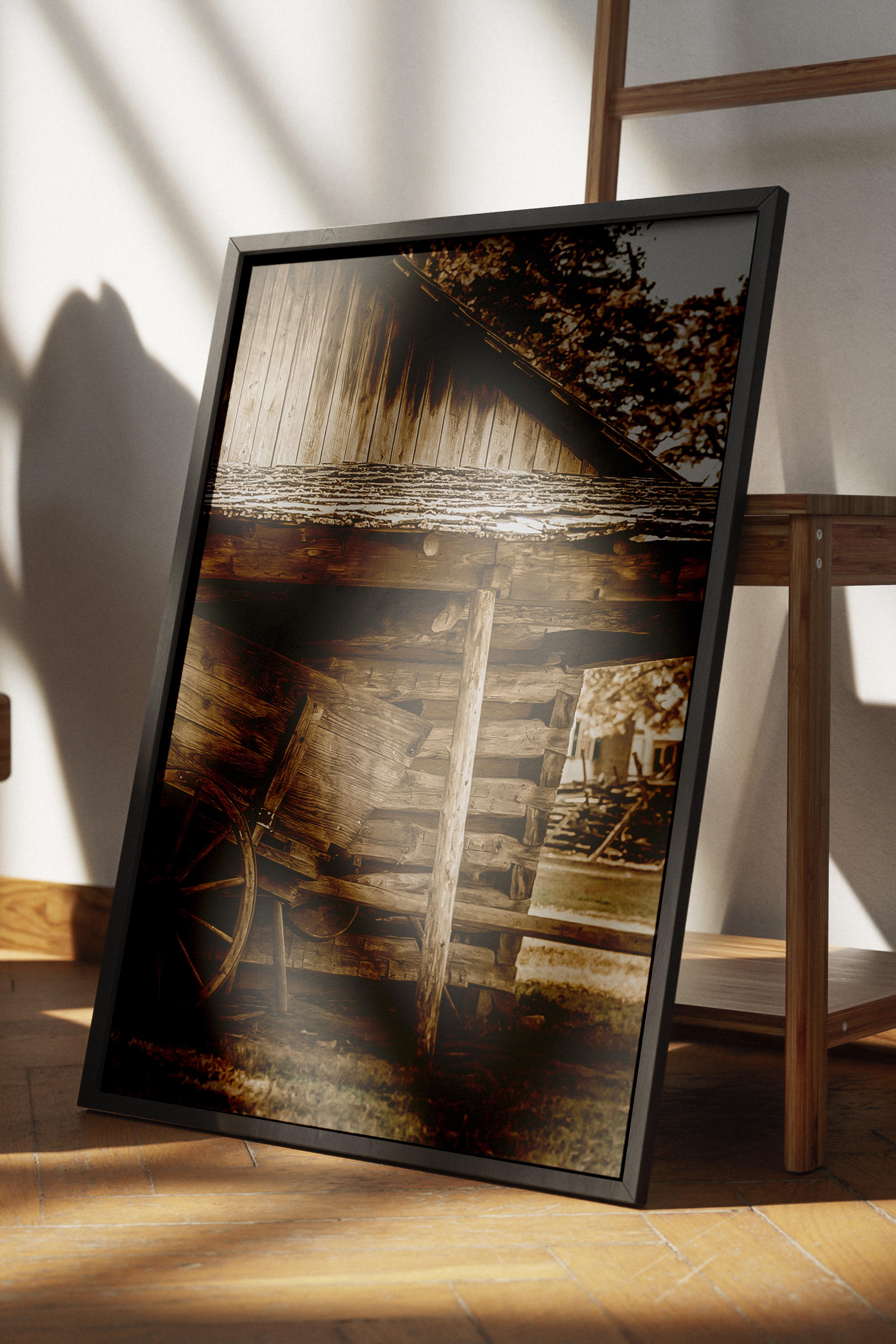 Rustic Çerçevesiz Poster, İskandinav Kahverengi Poster, NO:13 Eski Ahşap Ev ve Tekerlek Fotoğraf