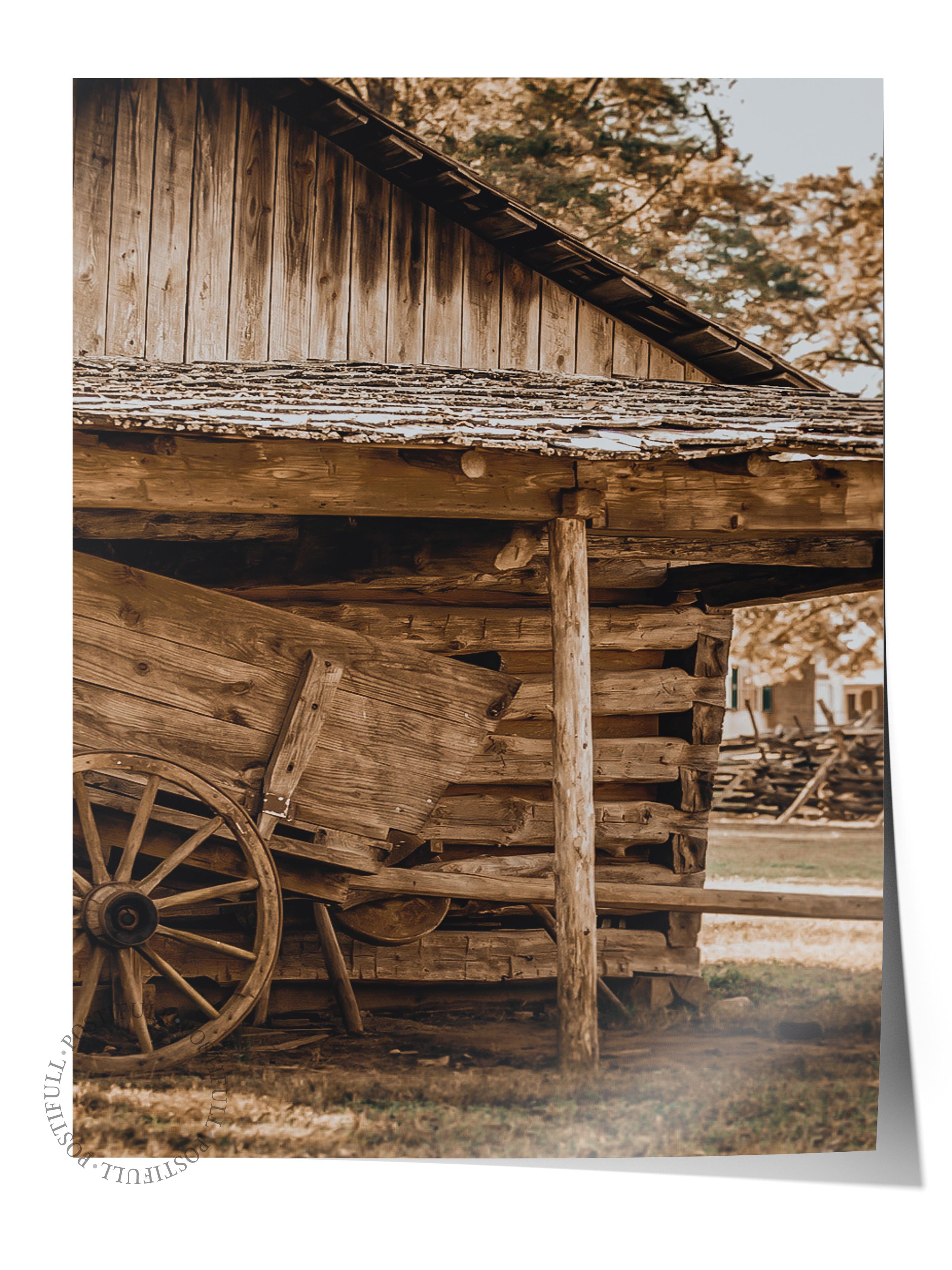 Rustic Çerçevesiz Poster, İskandinav Kahverengi Poster, NO:13 Eski Ahşap Ev ve Tekerlek Fotoğraf