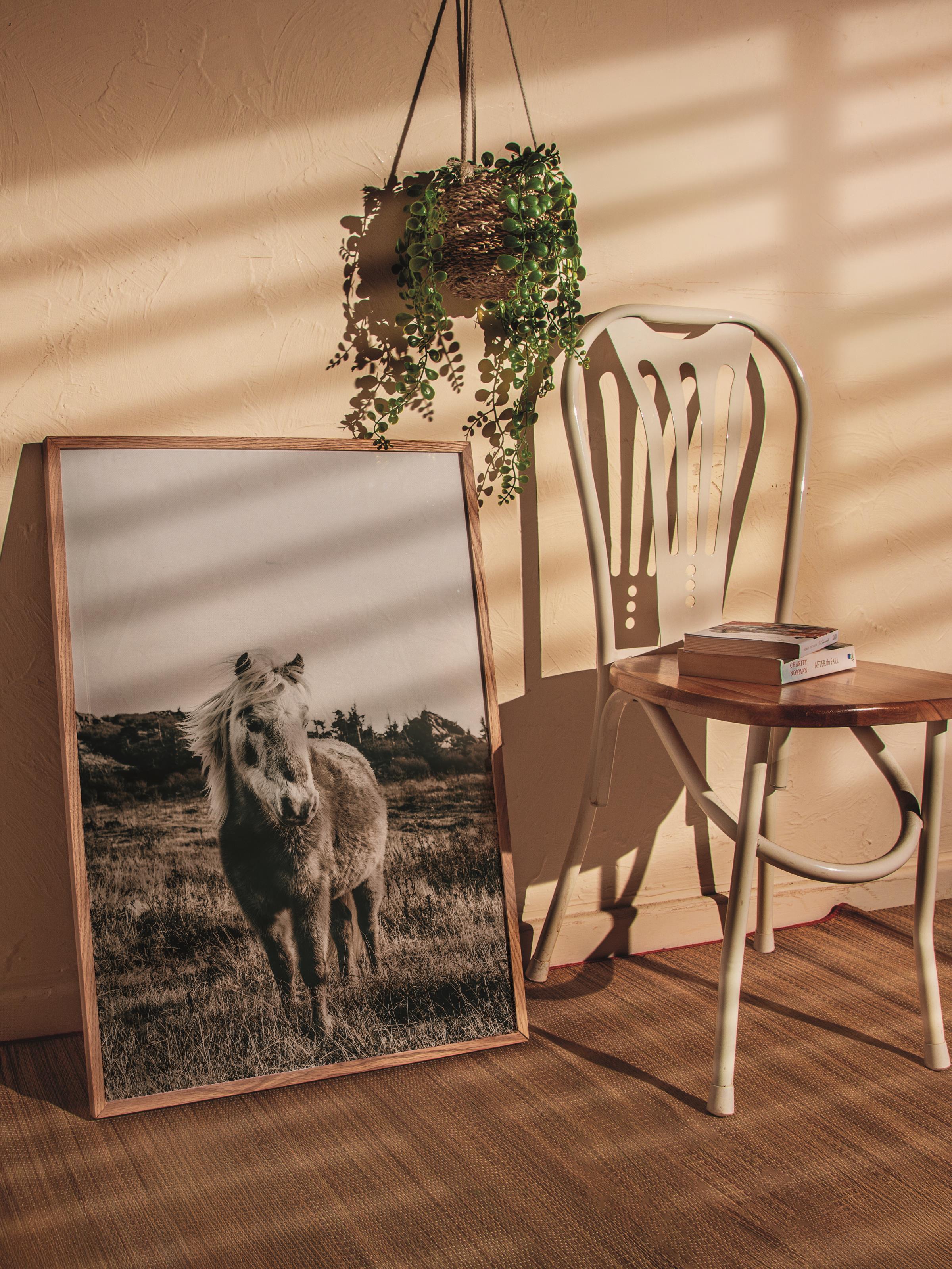 Rustic Çerçevesiz Poster, İskandinav Kahverengi Poster, NO:136 At ve Çimenler Fotoğraf, Dikey