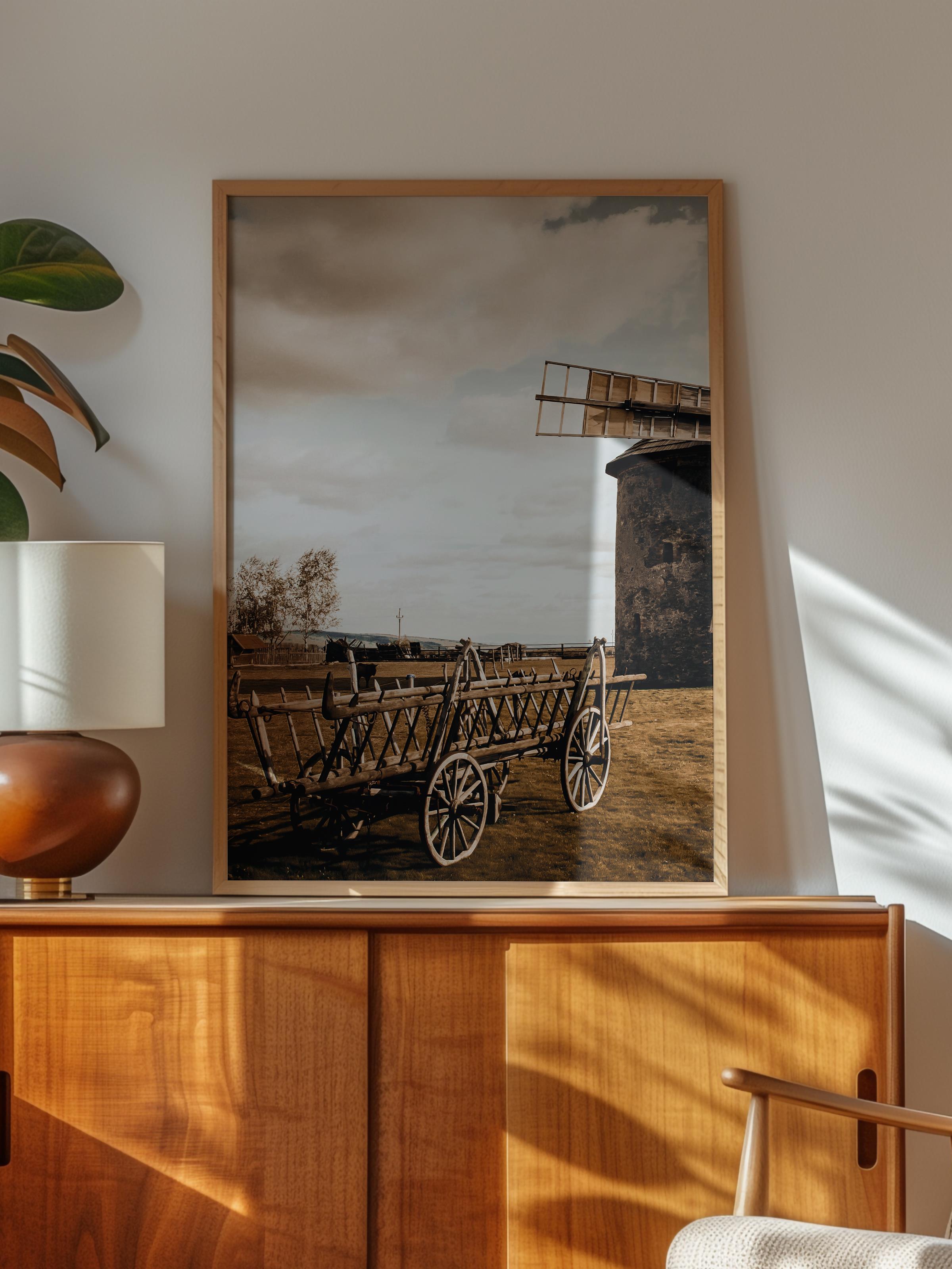 Rustic Çerçevesiz Poster, İskandinav Kahverengi Poster, NO:14 Eski Yel Değirmeni ve Tekerlek Fotoğraf
