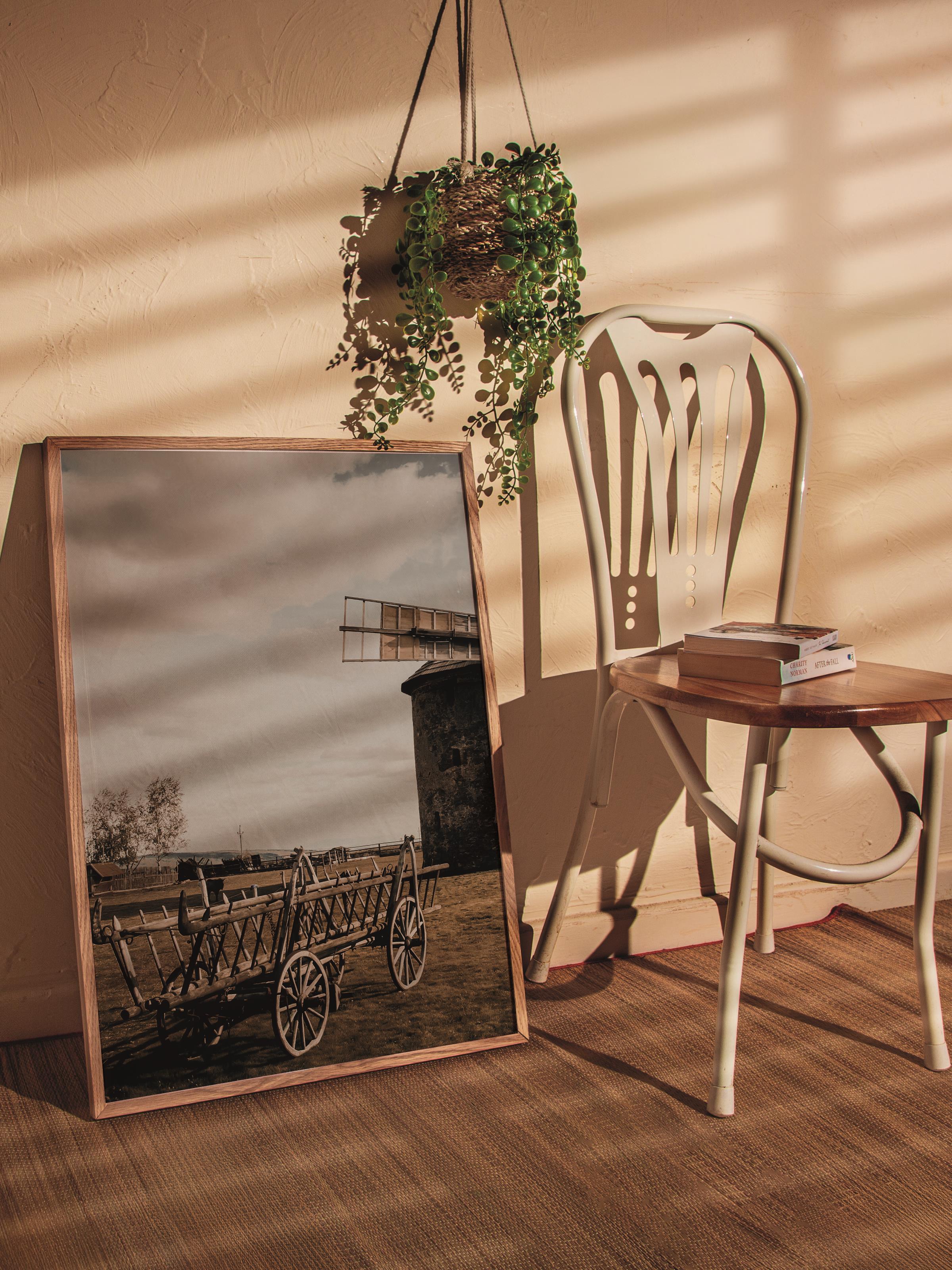 Rustic Çerçevesiz Poster, İskandinav Kahverengi Poster, NO:14 Eski Yel Değirmeni ve Tekerlek Fotoğraf