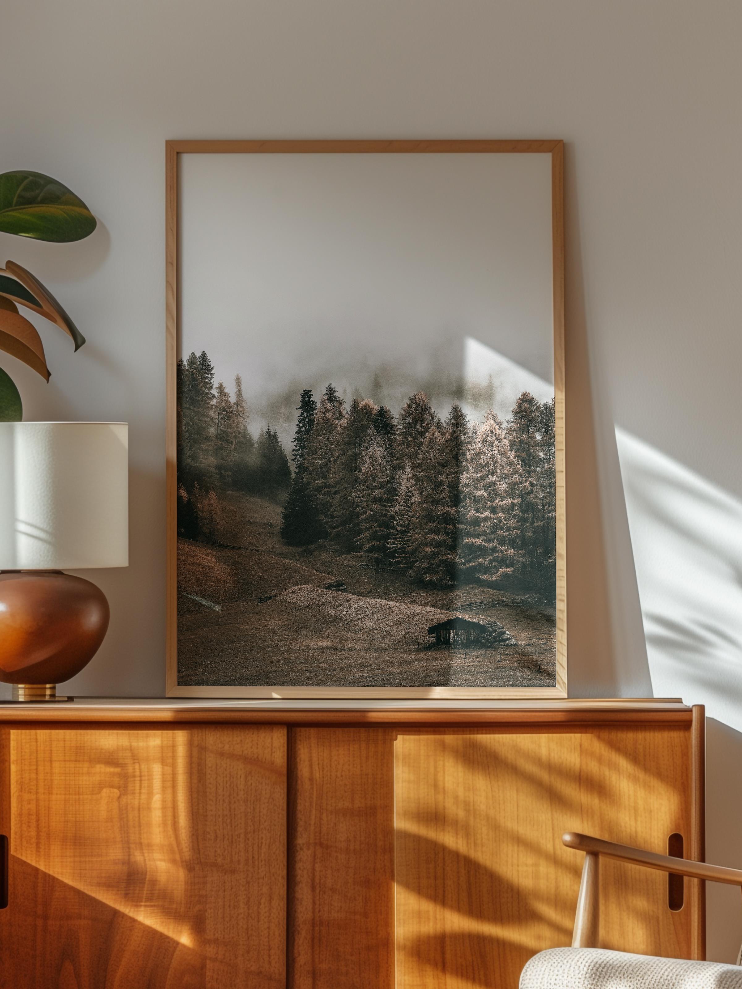 Rustic Çerçevesiz Poster, İskandinav Kahverengi Poster, NO:145 Orman ve Sis Fotoğraf, Dikey